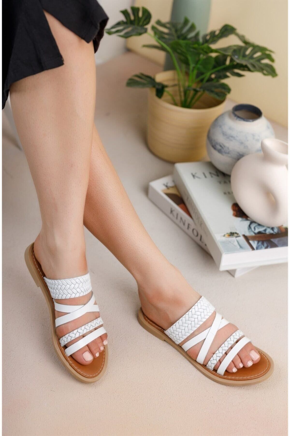 Woman White Genuine Leather Slippers