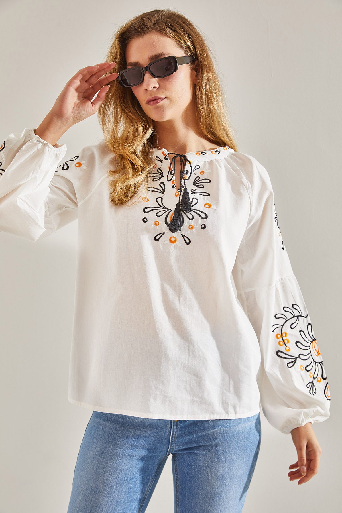 Modest Women's Embroidered Collar Tied Linen Blouse 60181044