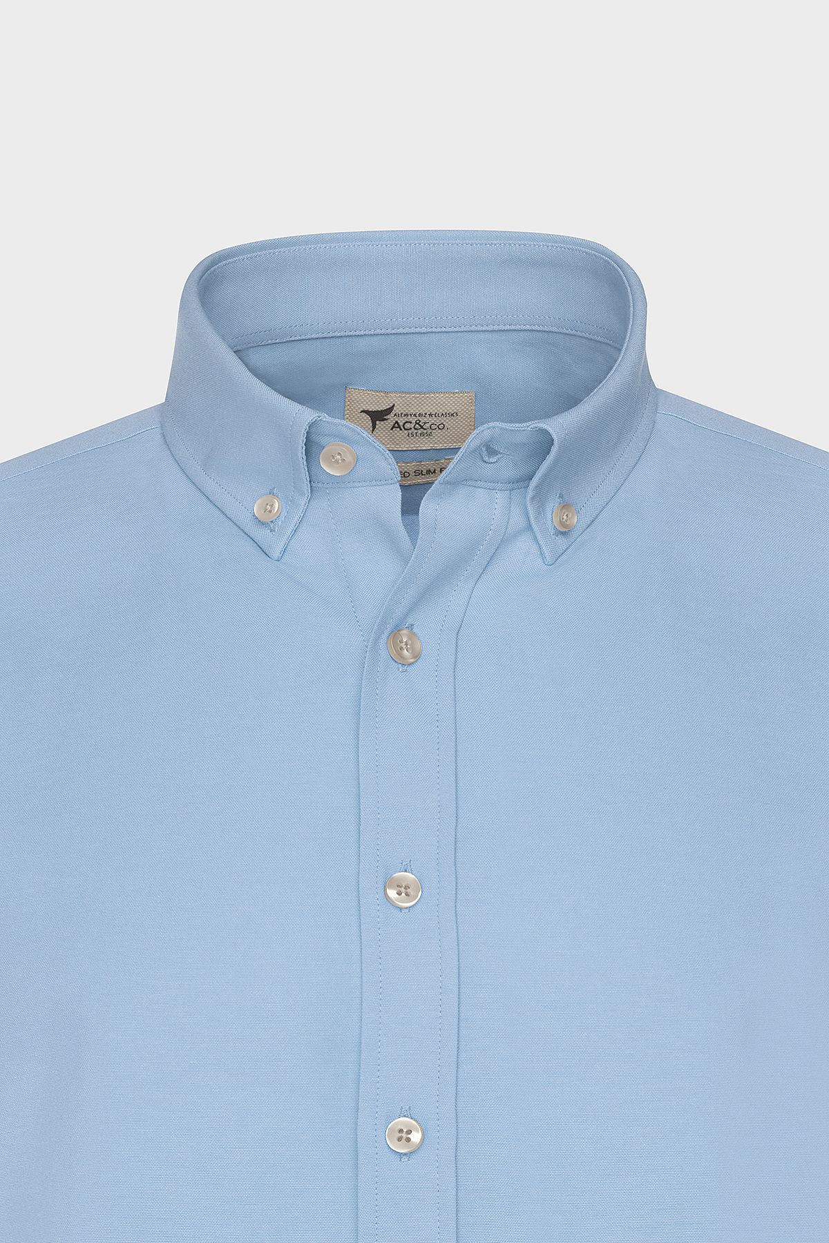 Men's Oxford Blue Button Neck Easy Ironable Cotton Slim Fit Narrow Cut Shirt