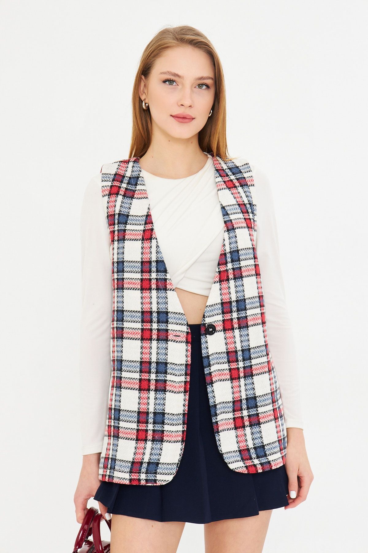 Woman Red V-Neck Single Button Oversize plaid vest ARM-25K0011111