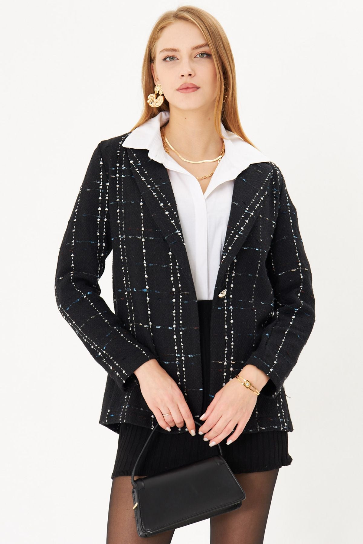 Women's Blue Tüvit Fabric Single button Jacket ARM-25K001042