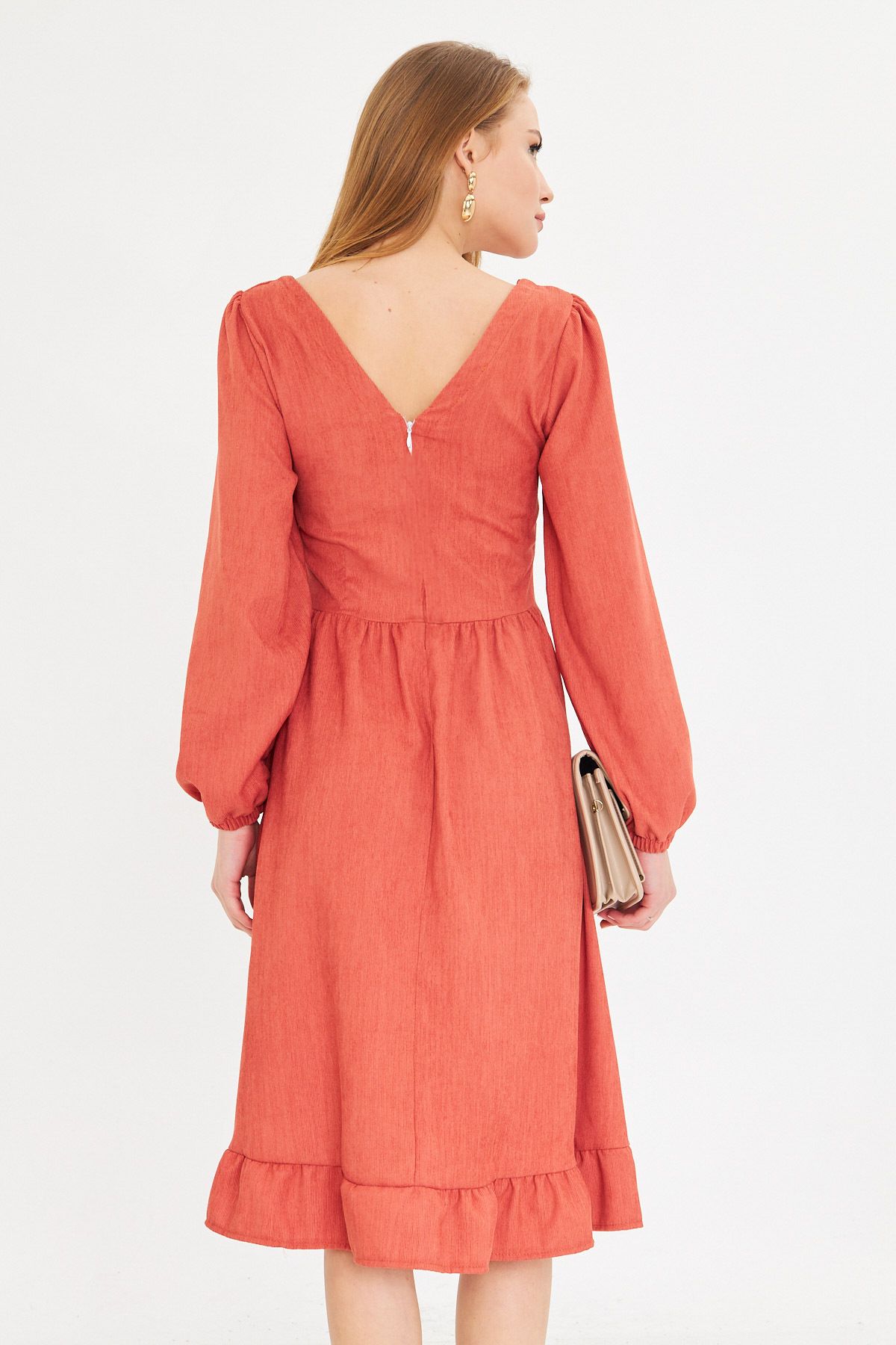 Female Salmon U Behind the Back Zipper Waist Midi Midi Boy Velvet Dress ARM-25K001103