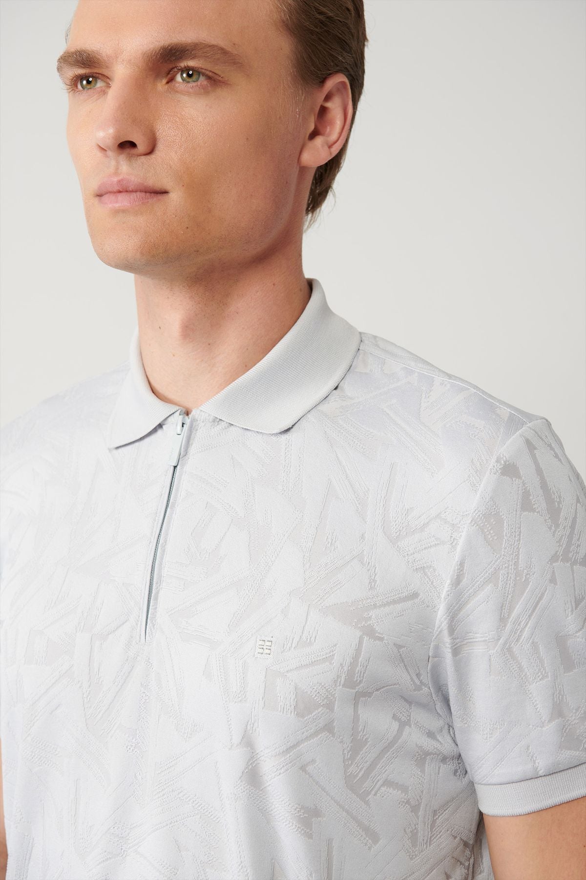 Men's gray zipper jacquard Polo collar T-shirt A41y1118