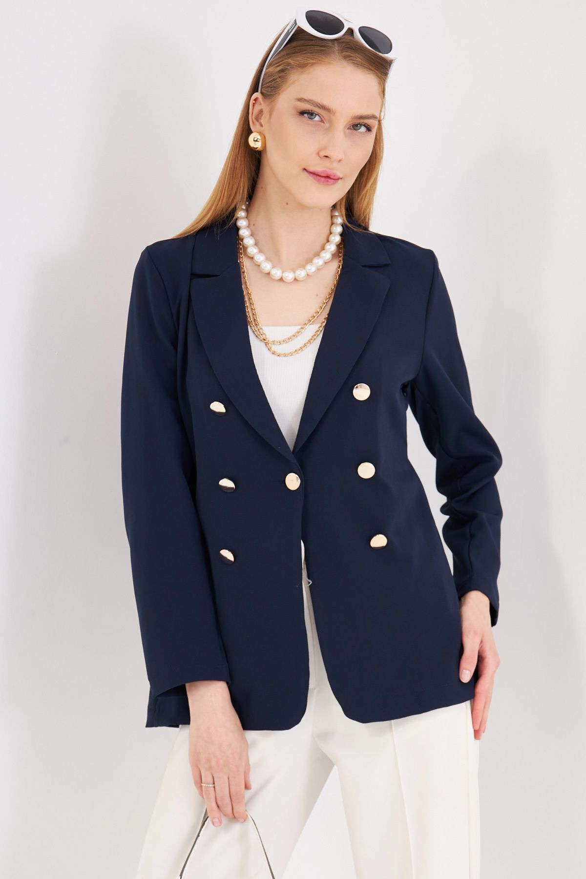 Female Navy Blue button jacket ARM-20K001151