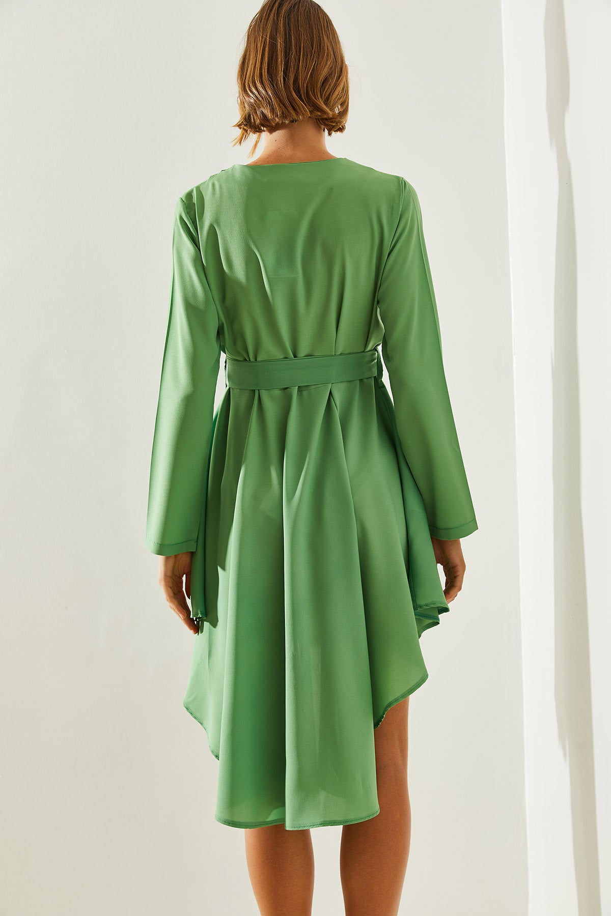 Women's Short Front Long Back V-Neck Buttoned Ornamental Pocket Detailed Belted Dress 22106 60251499