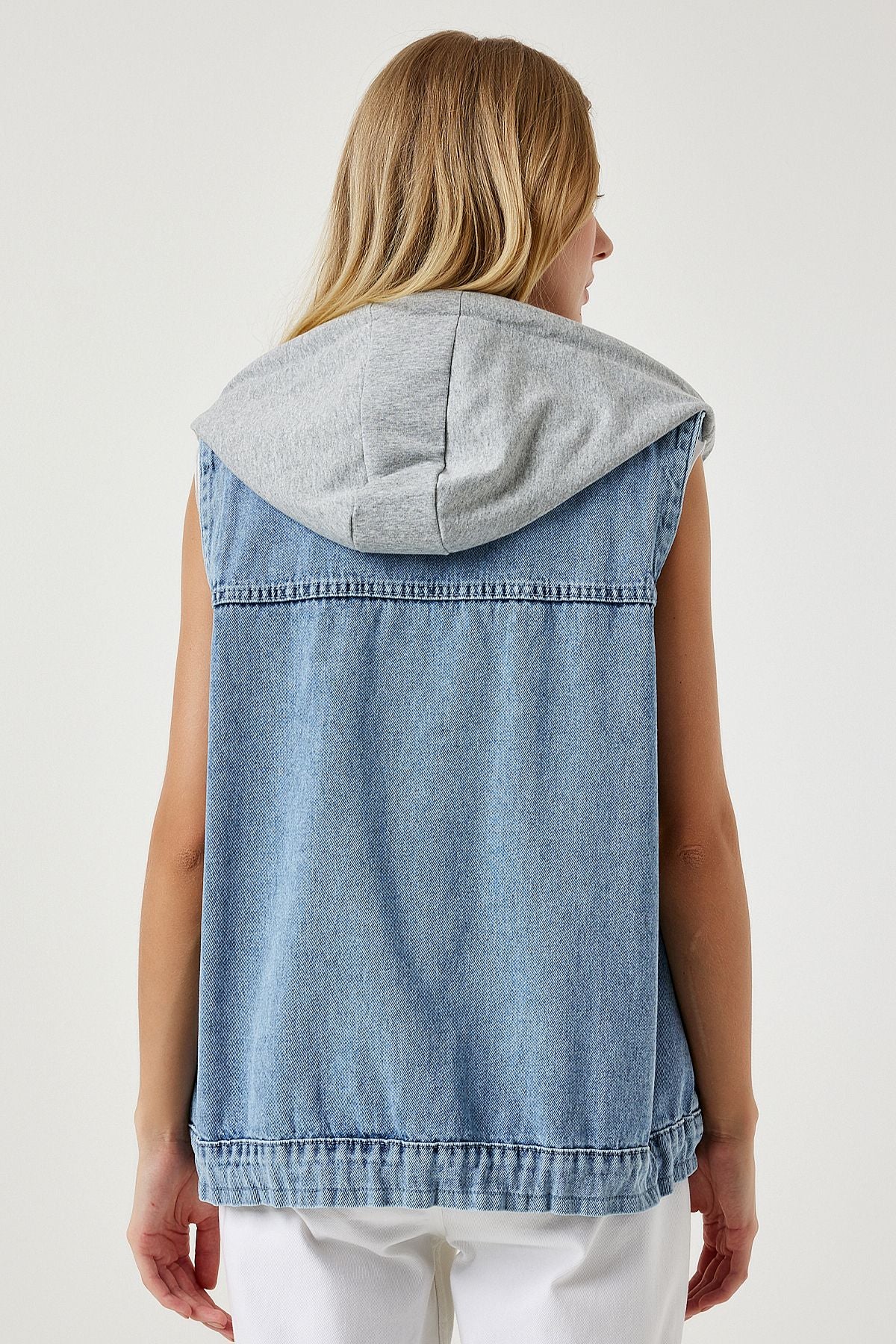 Woman Light Blue Hooded Boyfriend Denim Vest RV00161