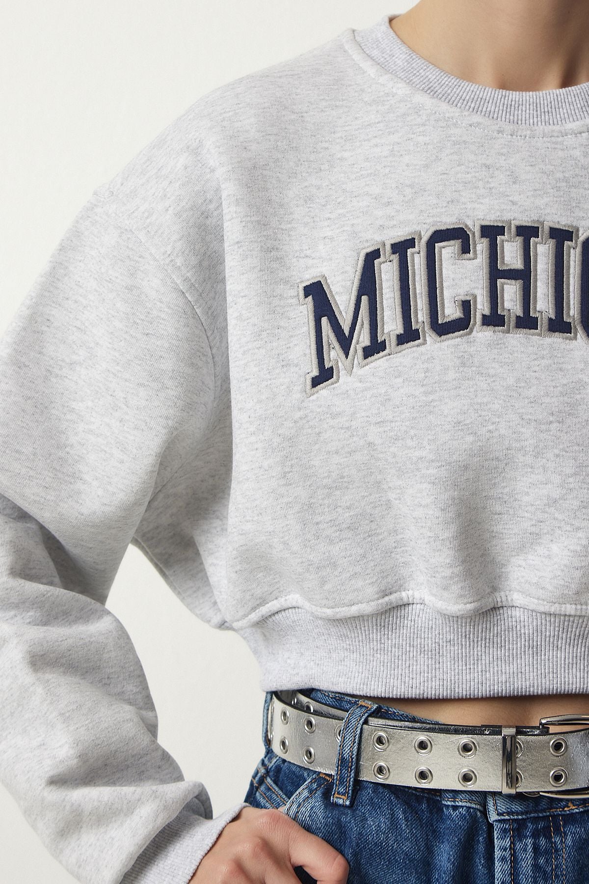 Female gray printed crop knitted swine sweatshirt HF00443