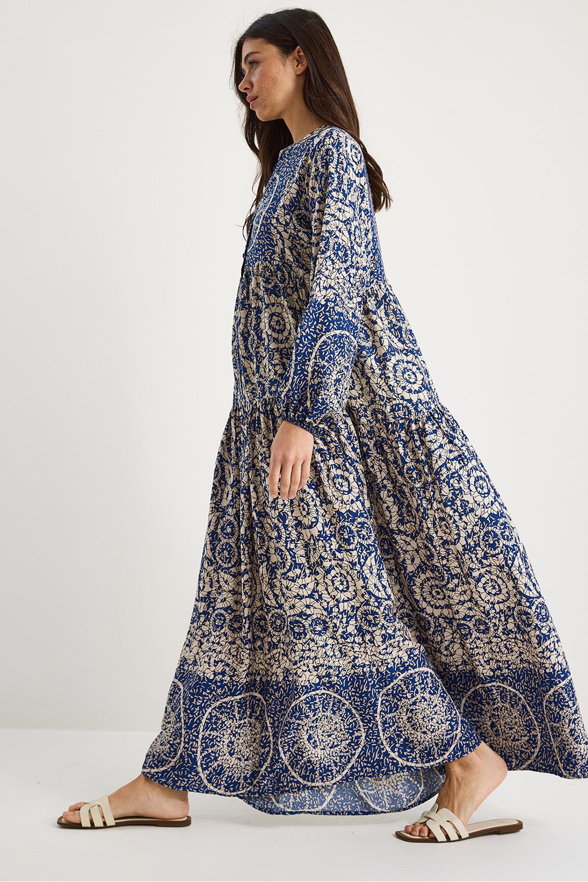 Women's V-Neck Patterned Button Detailed Maxi Viscose Dress 2423 60283334