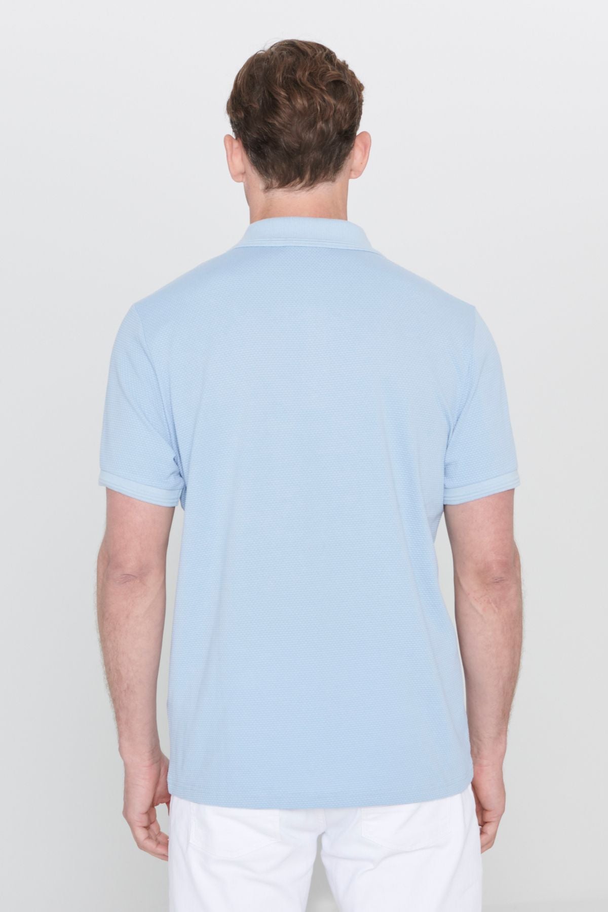 Men's light blue slim fit narrow cut polo collar printed cotton T -shirt