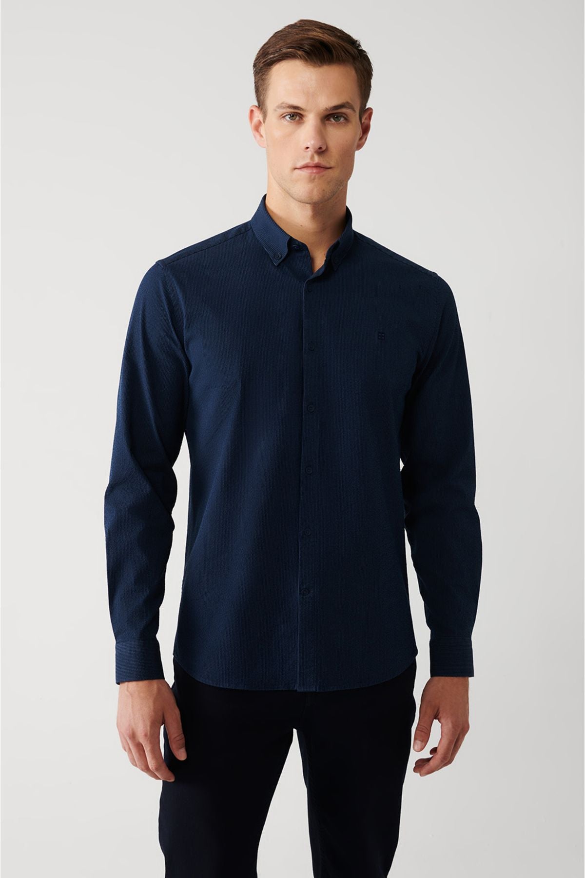 Men's navy blue striped cotton easy ironable shirt A32Y2098