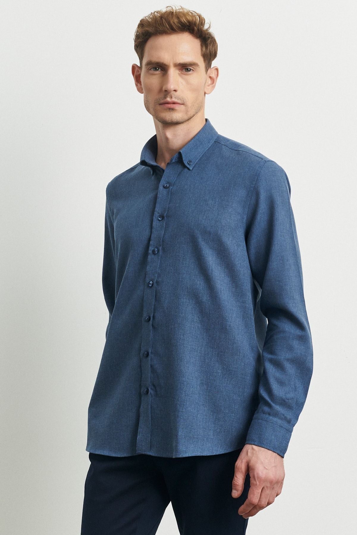 Men's Indigo slim fit narrow cut buttoned collar flannel wood shirt