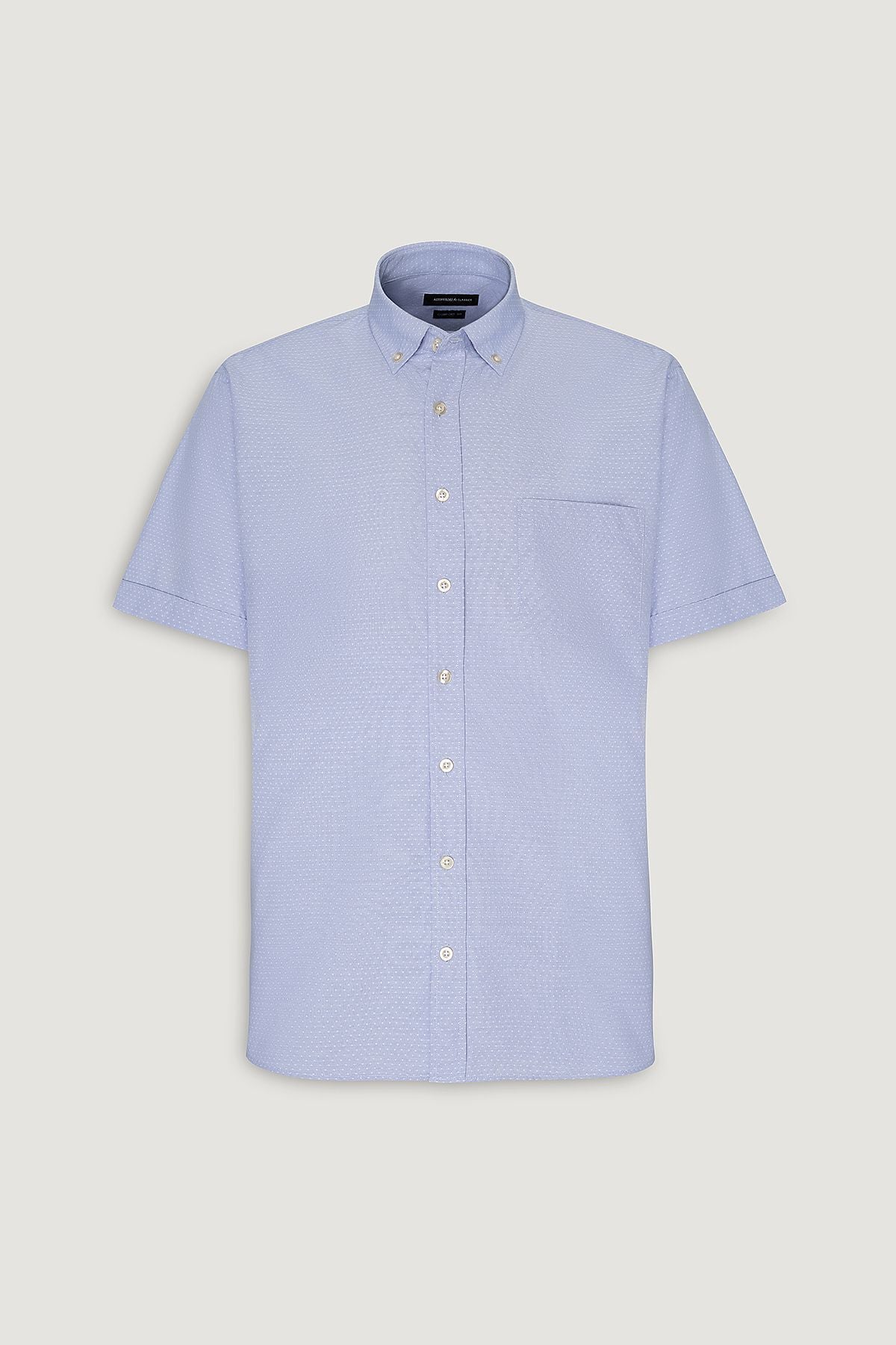 Men's Blue Comfort Fit Wide Casual Cutton Buttoned Neck Clamping Short Sleeve Shirt