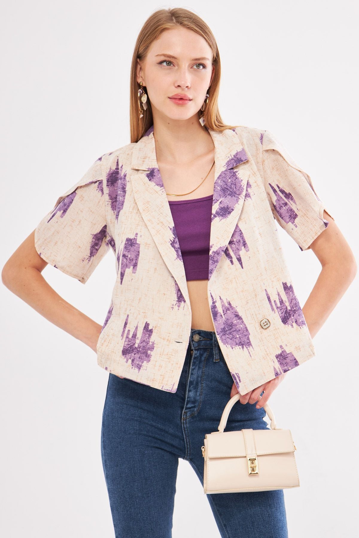 Female purple linen-looking patterned handle slit Crop Short Sleeve Jacket ARM-24Y001095