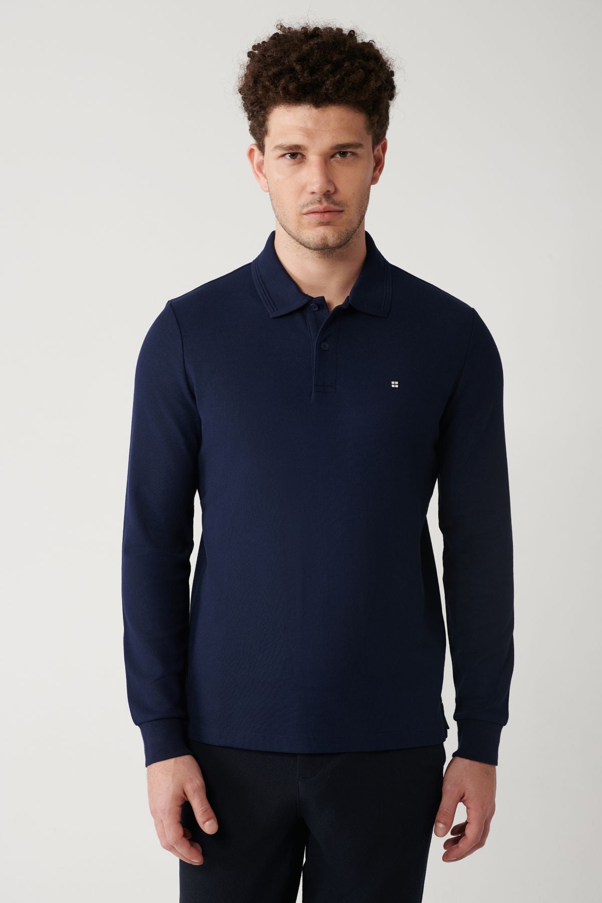 Men's navy blue 2 button cotton Polo Yaka Sweatshirt B001080