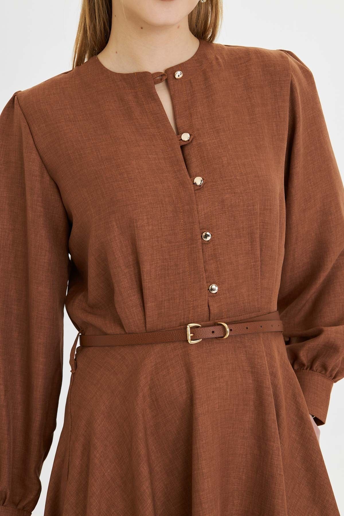 Female coffee zero collar front button arms with headlines arched arched dress Arm-25y001006