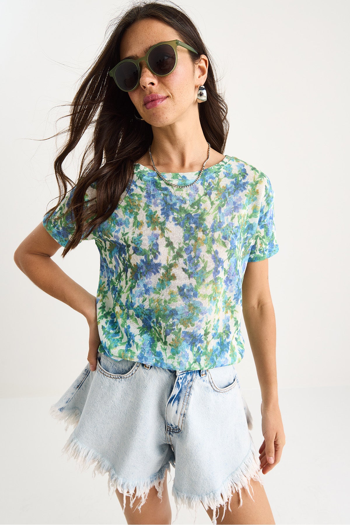 Women's Crew Neck Patterned Digital Printed Regular Summer Knitted T-Shirt 60282015