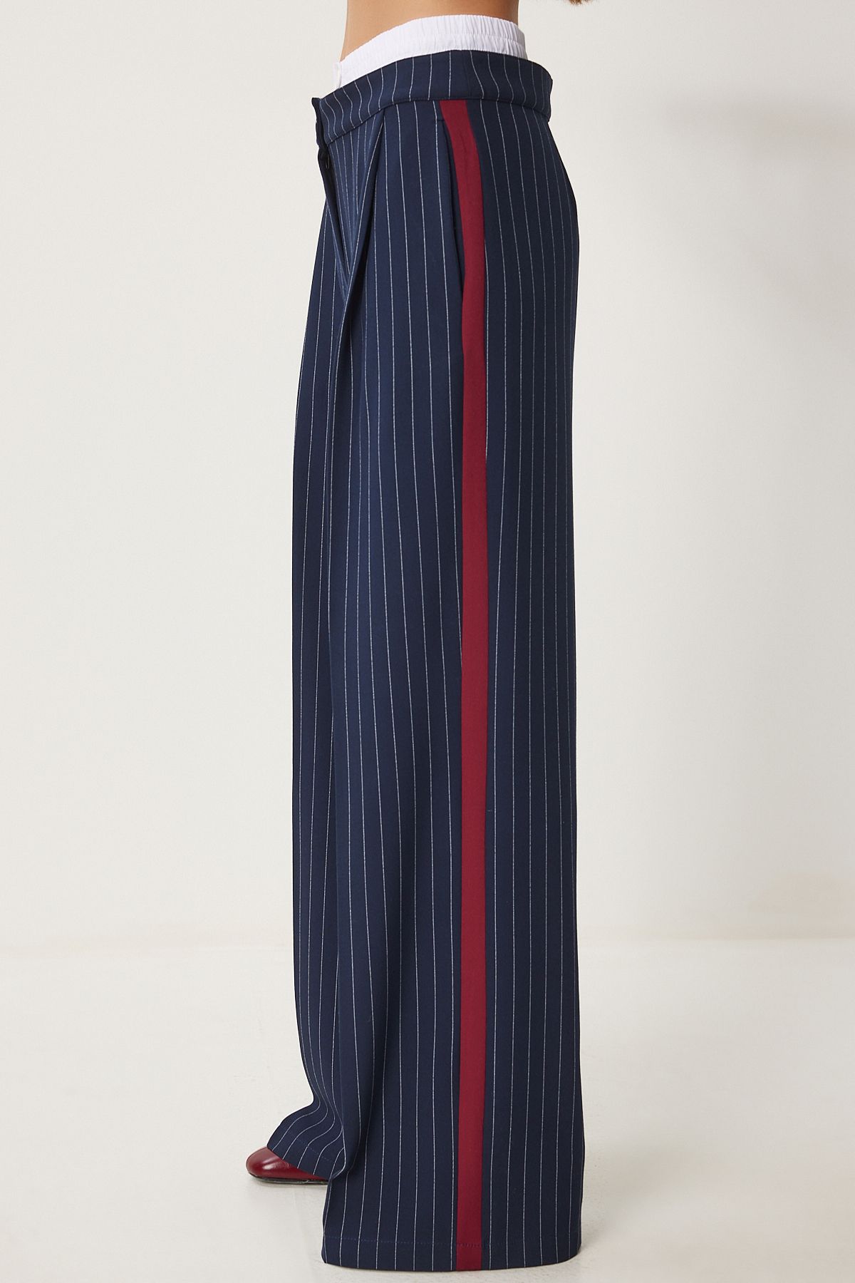 Woman Navy Blue Contrast Waist Detail Striped Weaving Pants HL00006