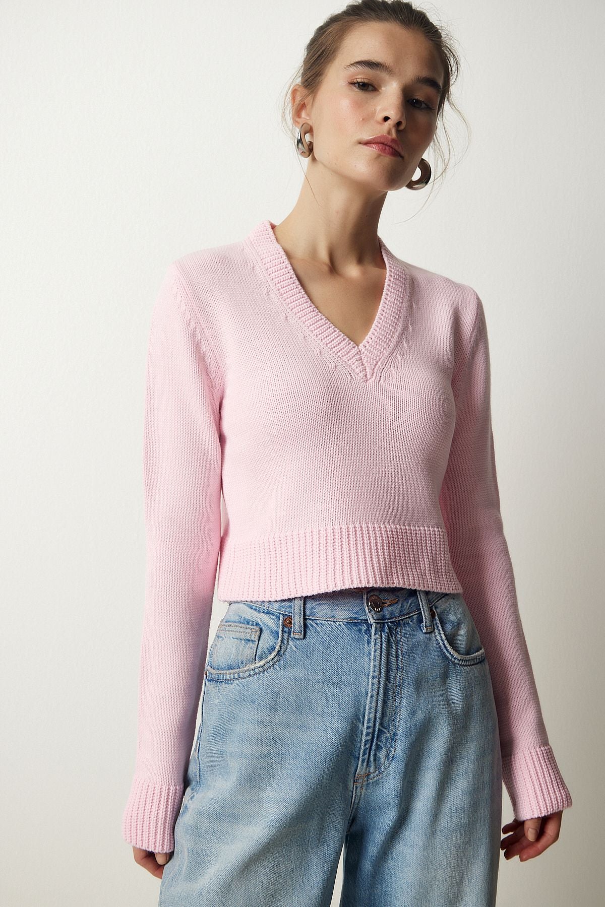 Woman Light Pink V Yaka Crop Knitwear sweater PF00040