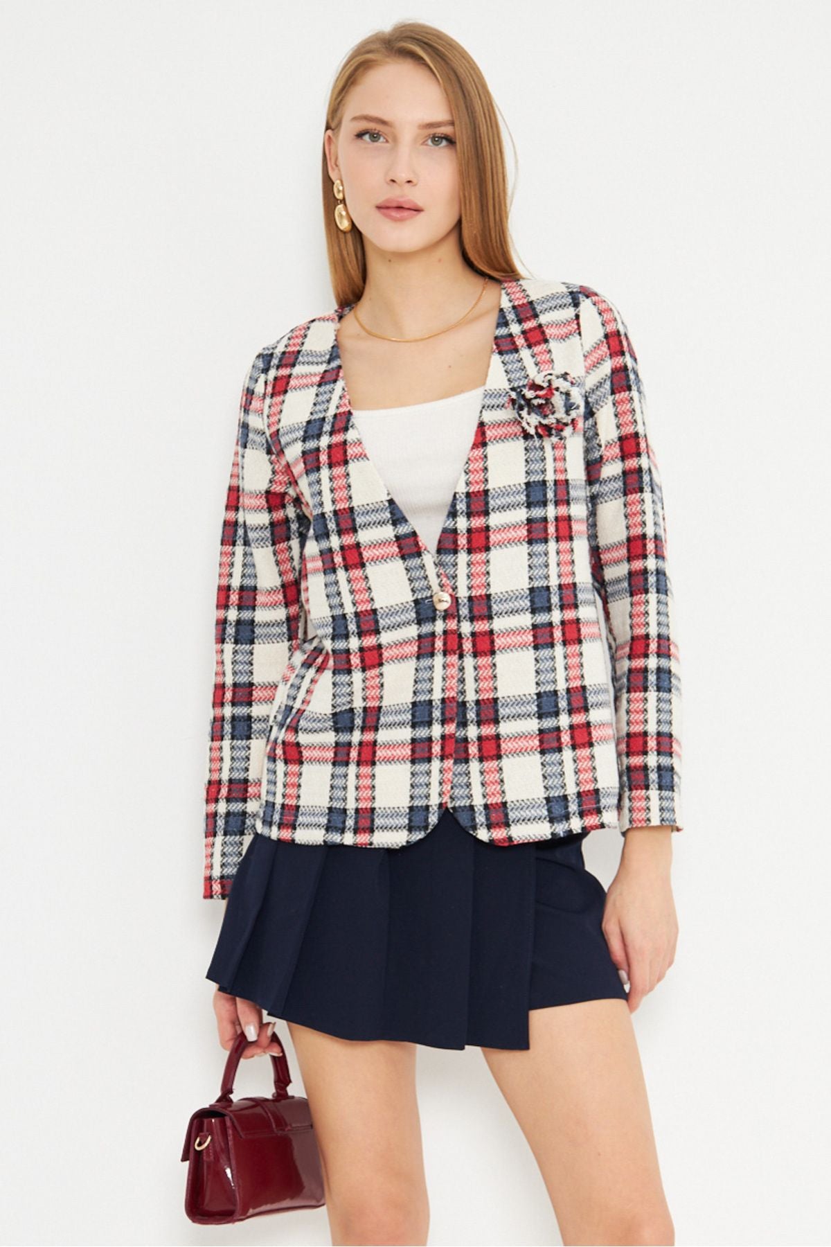 Women's Red V-Neck collar brooch detailed plaid jacket ARM-25K001033