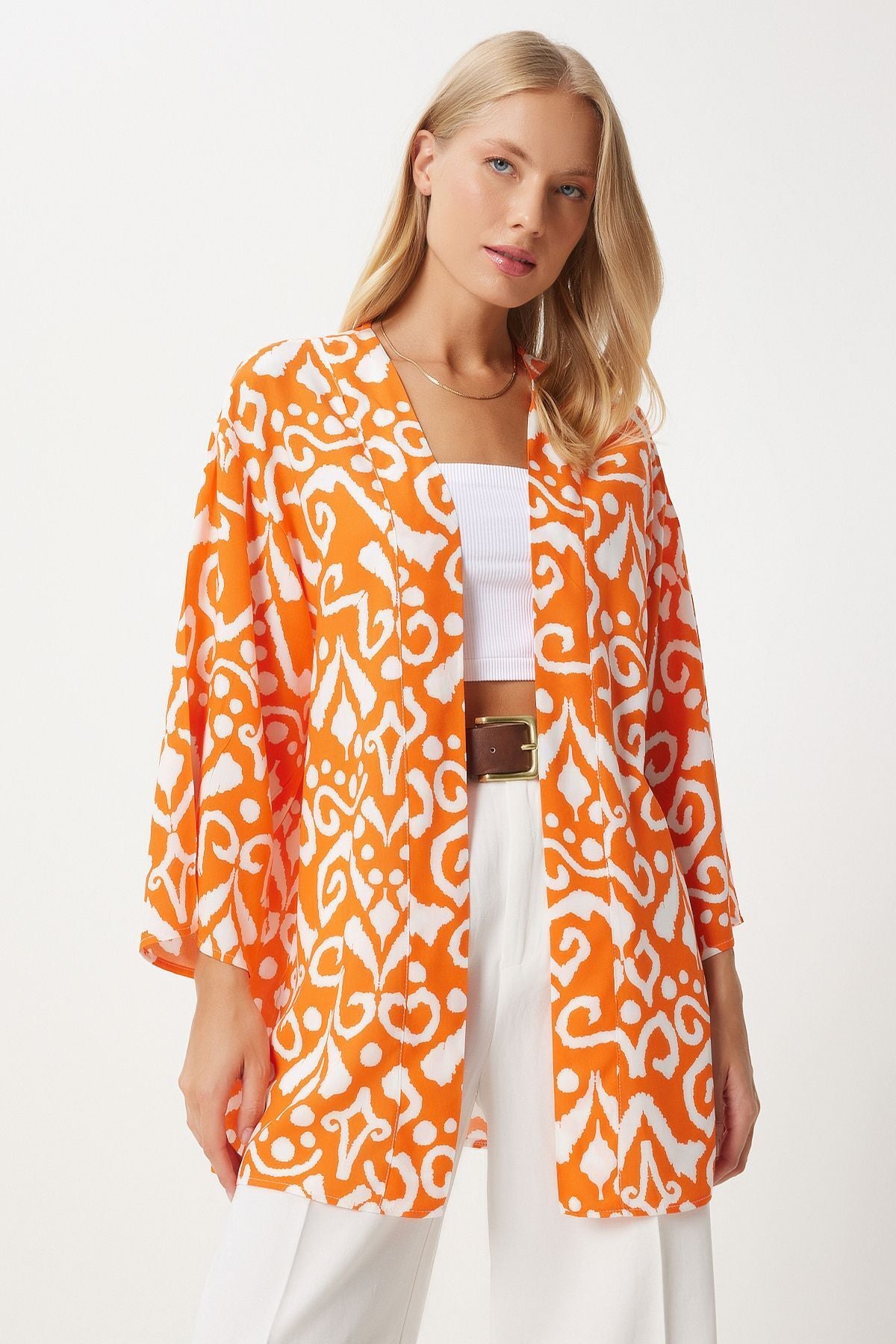 Female Orange Ecru Patterned Viscose Kimono EN00615