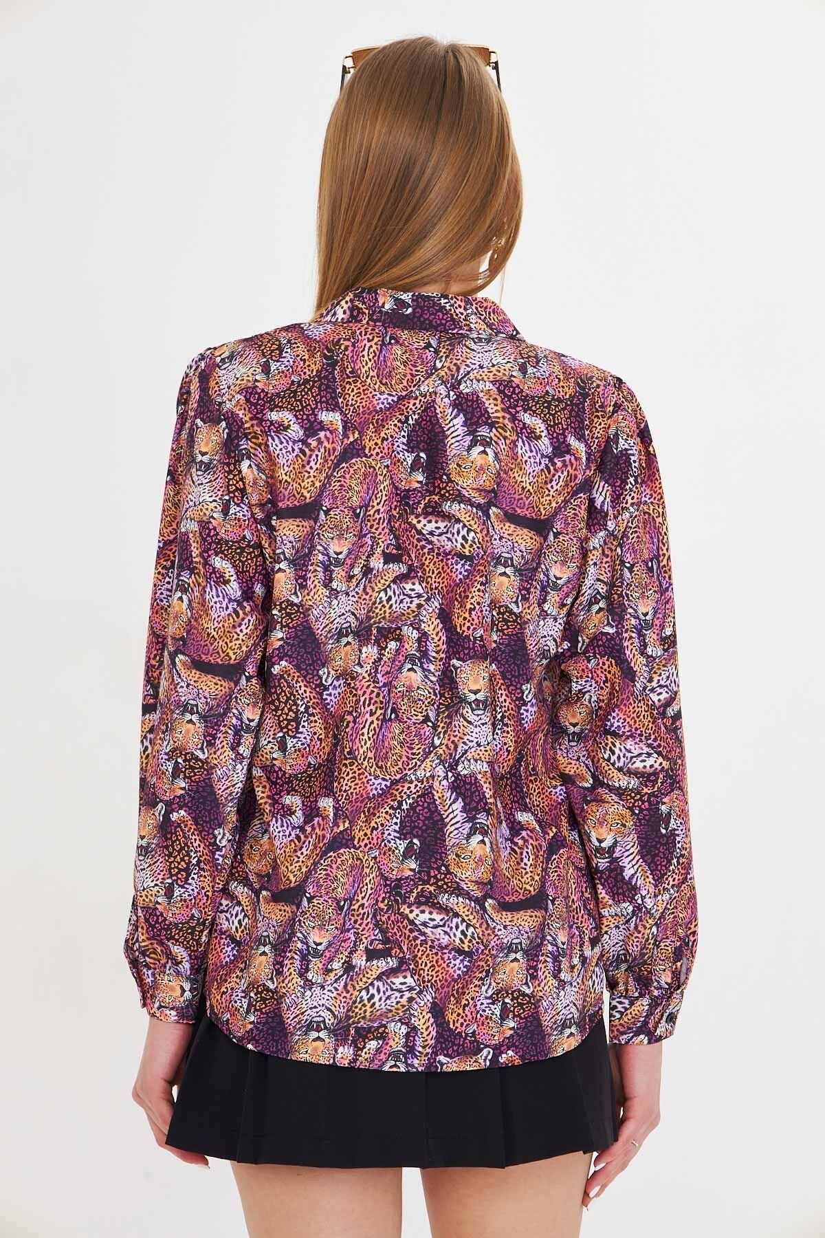 Female Purple V-Neck Balloon Arm Patterned Shirt ARM-25Y001016