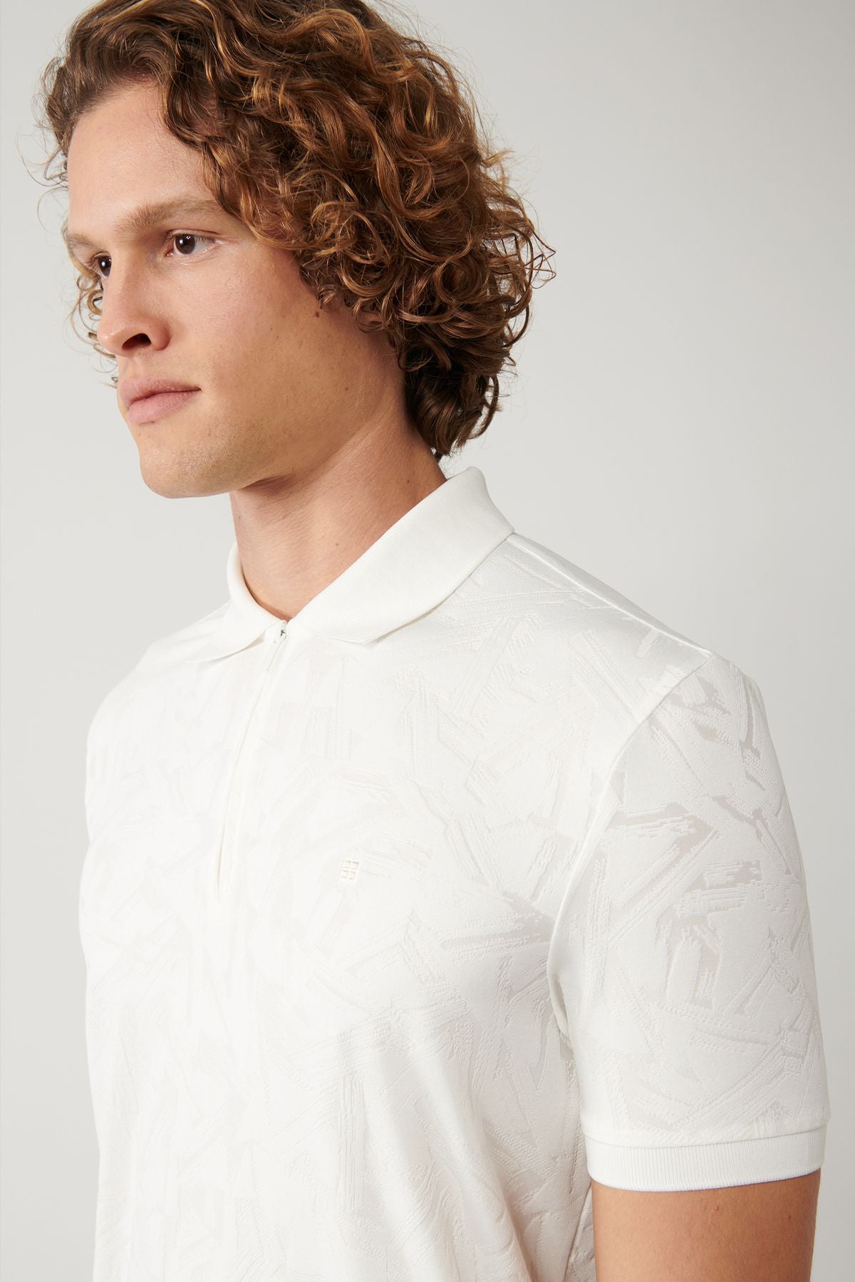 Men's White Zipper Jacquard Polo Yaka T-shirt A41y1118