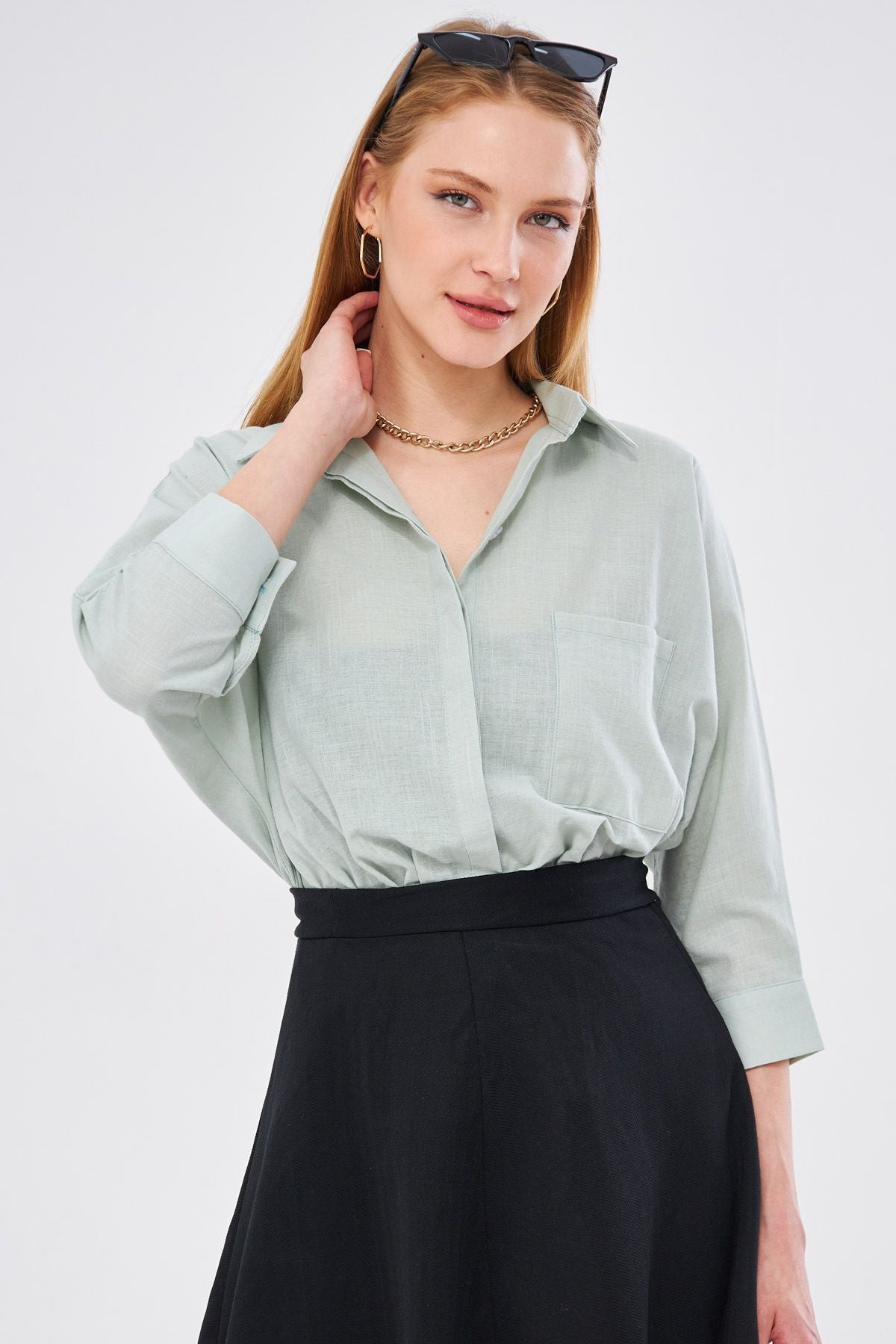 WOMEN OPEN MINT POCKET POET SET Linen Shirt ARM-21Y001035