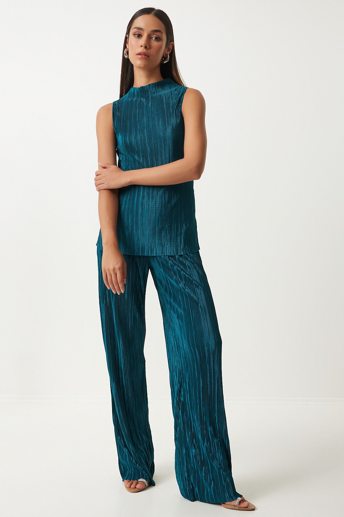 Female Emerald Green Filisle Sleeveless Knitting Blouse Palazzo Pants Set FN03192