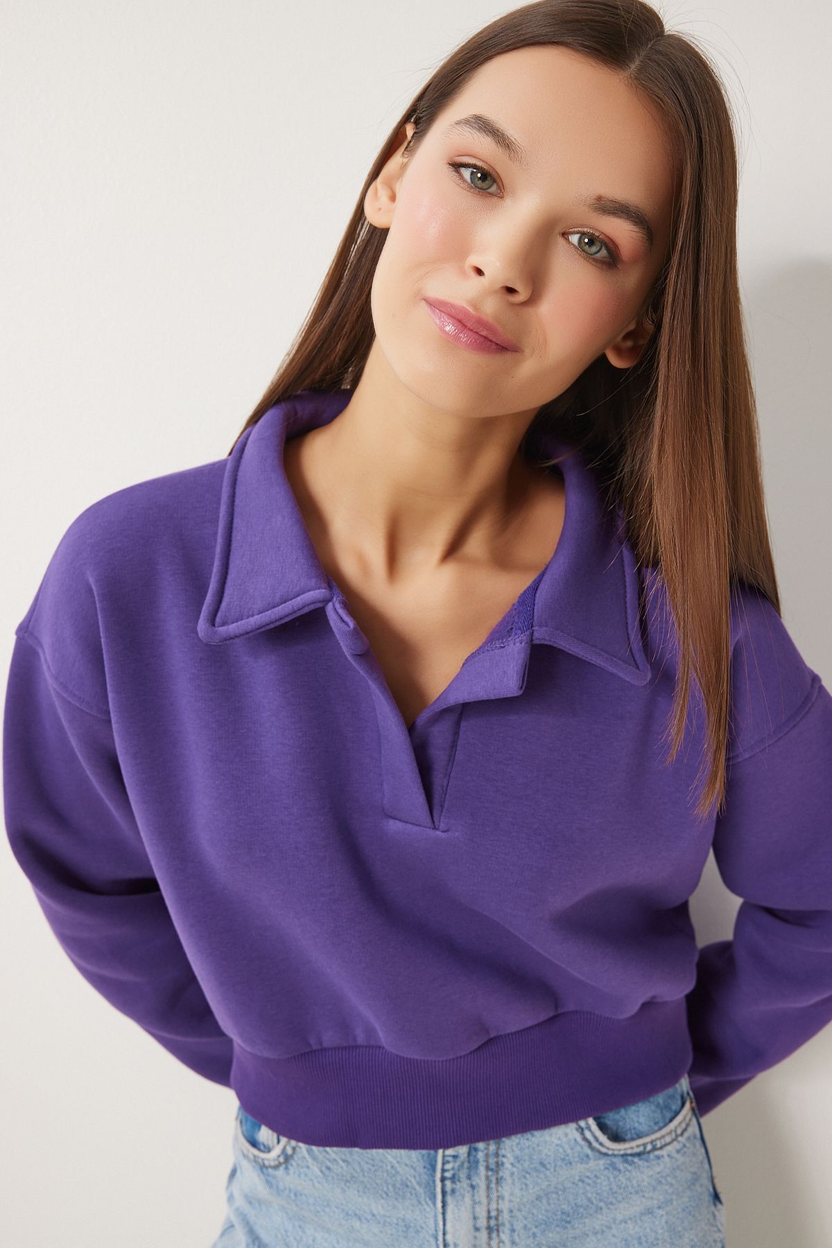 Woman purple polo collar crop knitted Sweatshirt HW00014