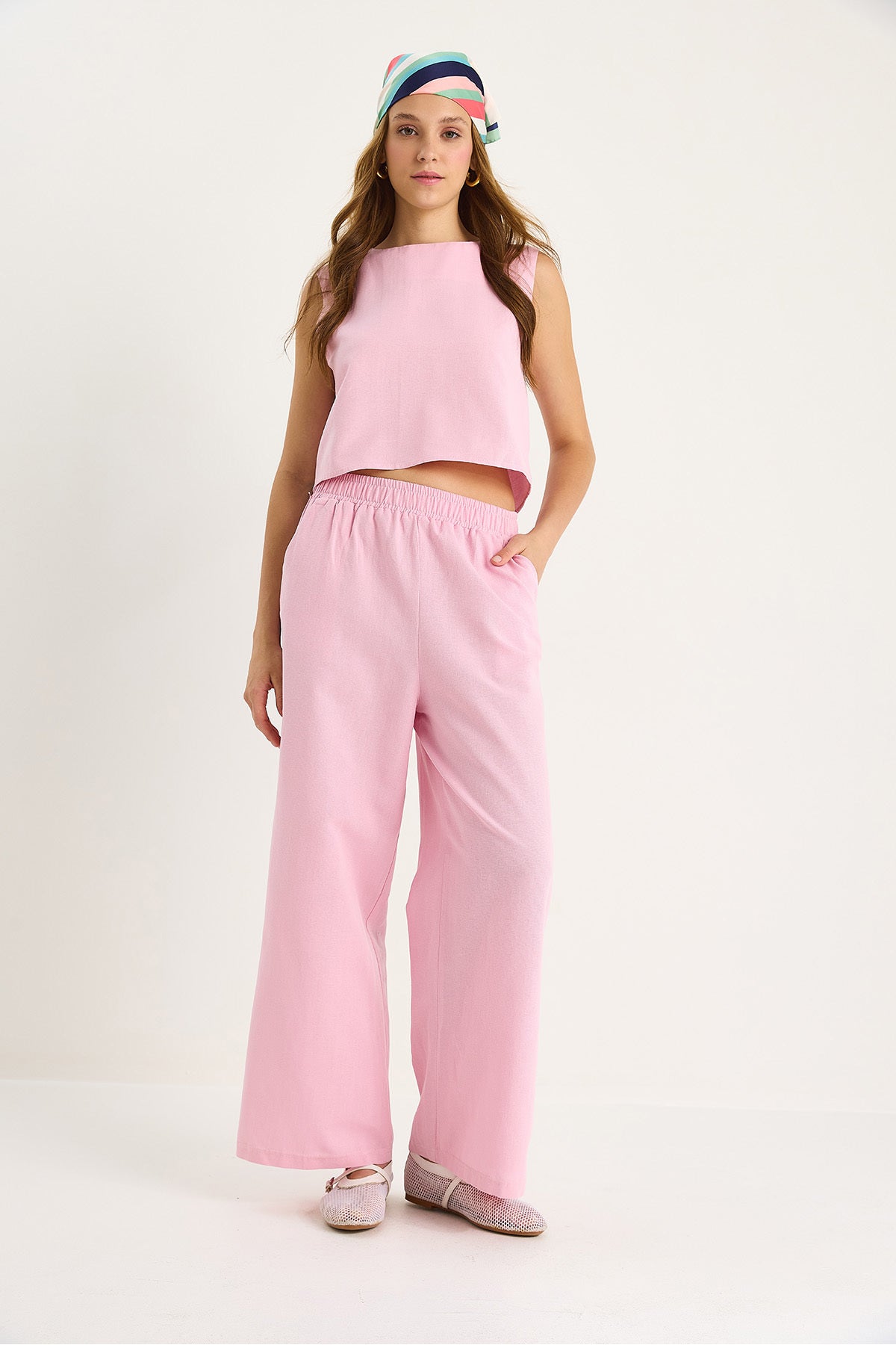 Women's Thick Strap Blouse with Elastic Waist Pocket Detail and Loose Pants Linen Suit 9384 60281086