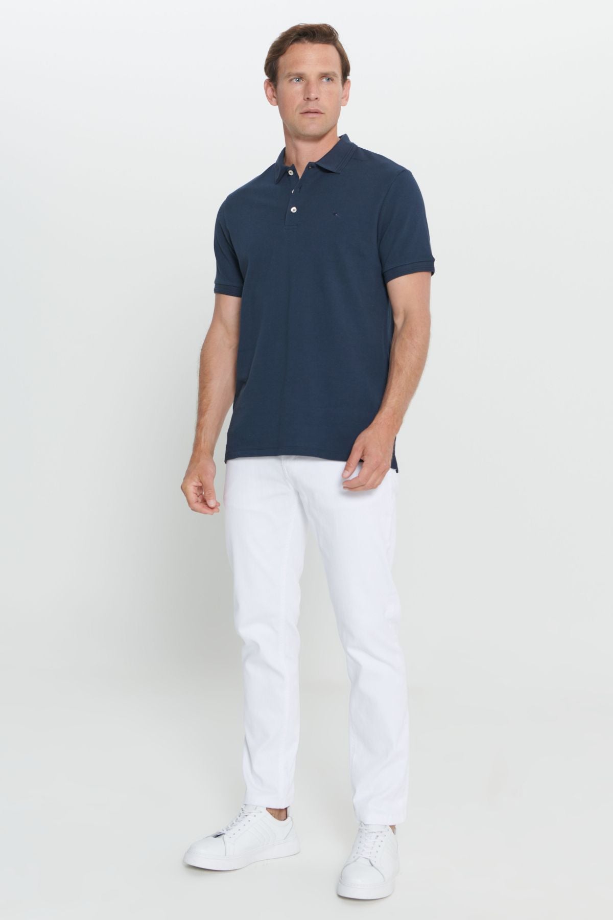 Men's navy blue slim fit narrow cut polo collar 100 %cotton short sleeve t -shirt