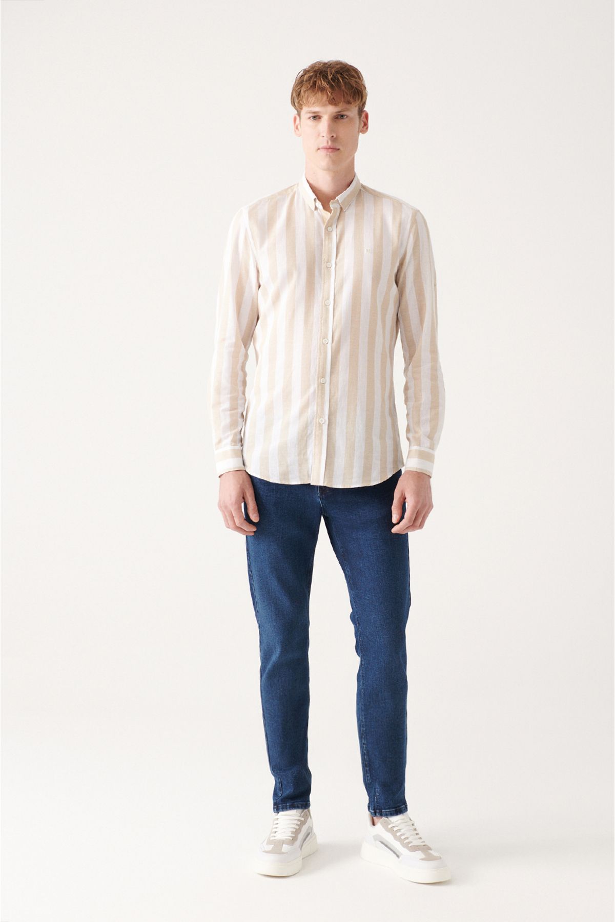 Men's beige cotton linen striped shirt A31y2217