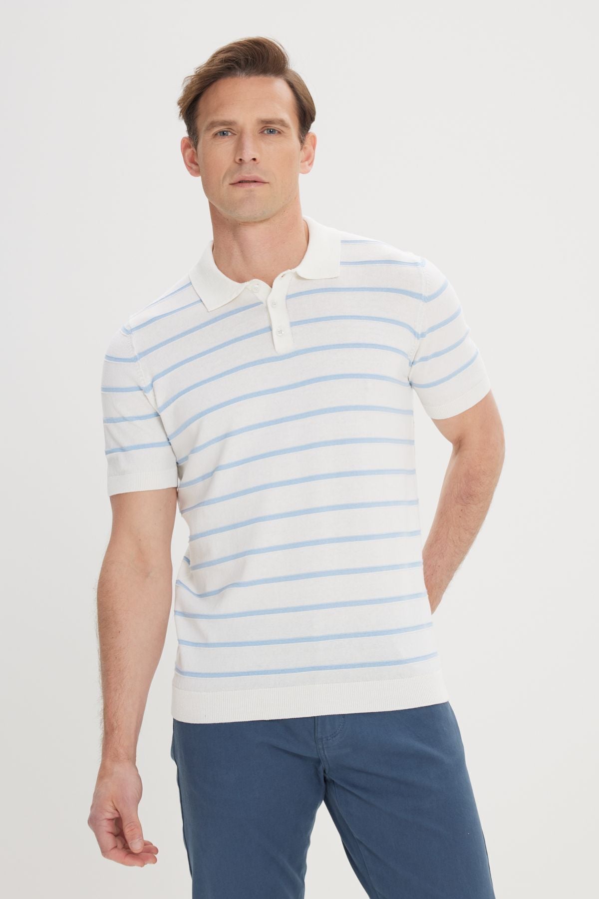 Men's Ecru-Blue Standard Normal Cutting 100 %Cotton striped Polo Yaka Triko T-shirt