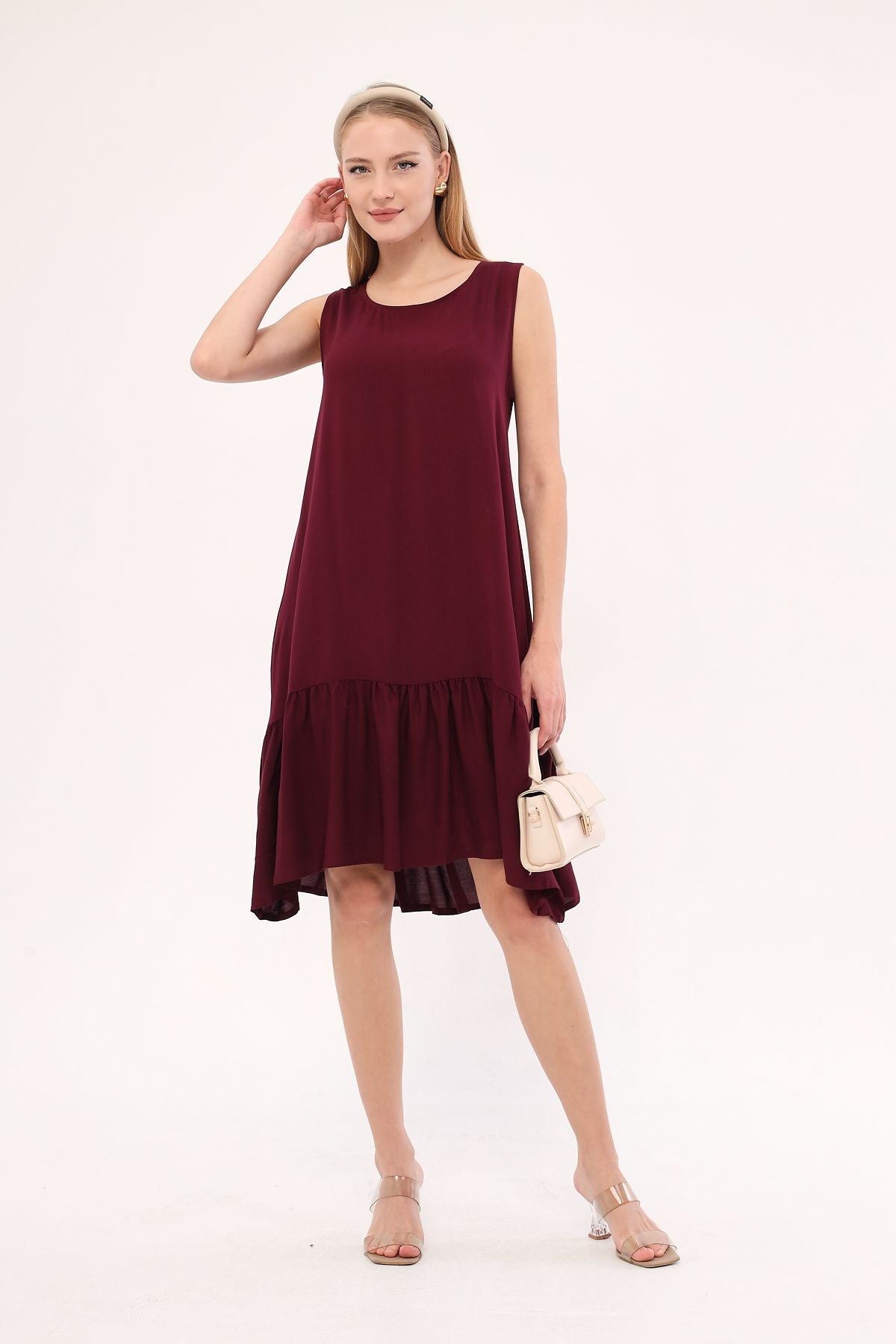 Woman Dark Bordeaux Sleeveless Skirt Ruffle Dress Arm-18y001156