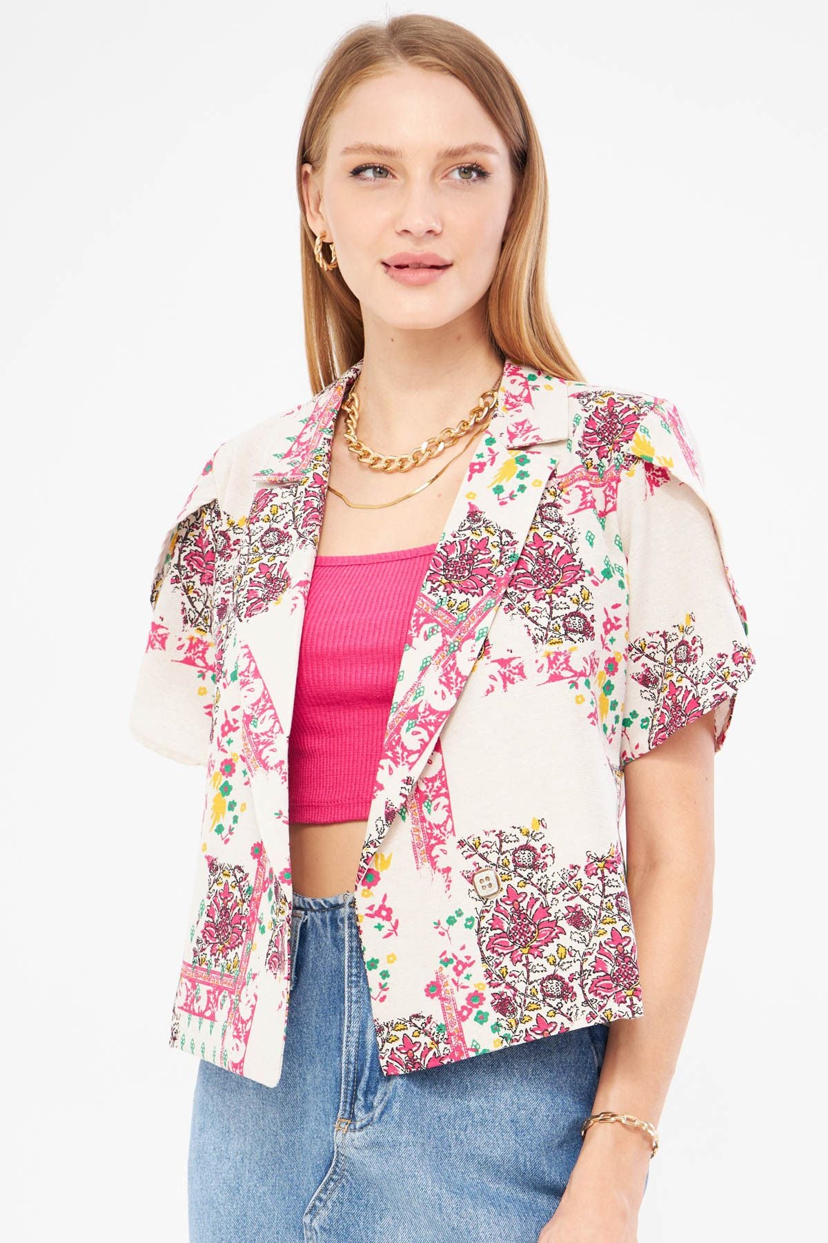 Women's Fuchsia-Green Linen-Looking Patterned Lever Slit Crop Short Sleeve Jacket ARM-24Y001095