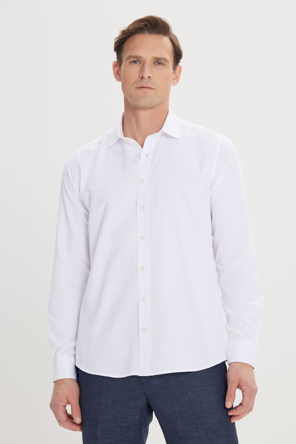 Men's White Slim Slim Fit Narrow Cotton Classic Collar Amelor Shirt with Cotton Cotton