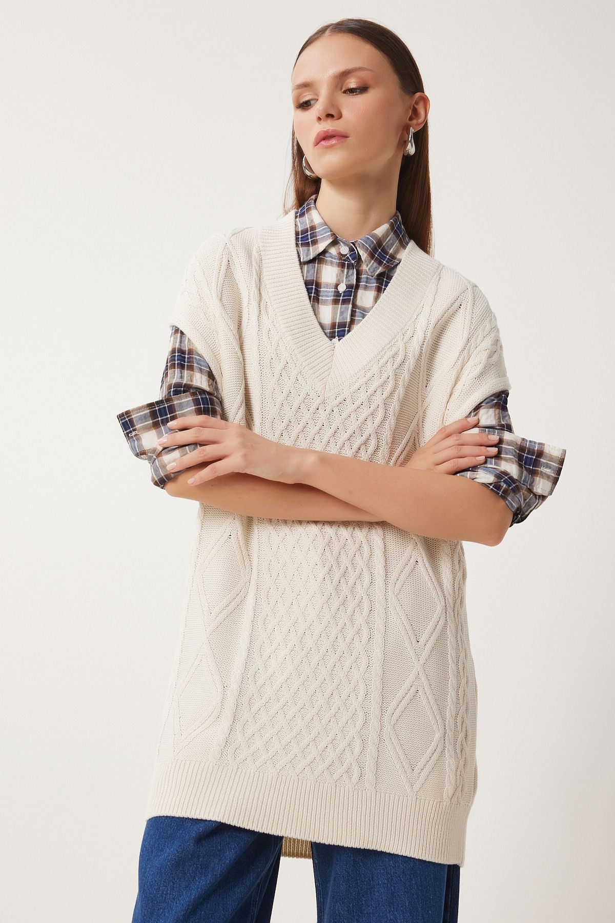 Women's Cream V -Neck Motif Long knitwear sweater NV00072