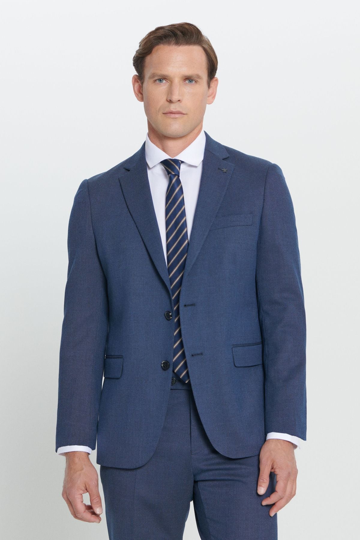 Men's navy blue regular fit comfortable cut mono collar patterned suit suits