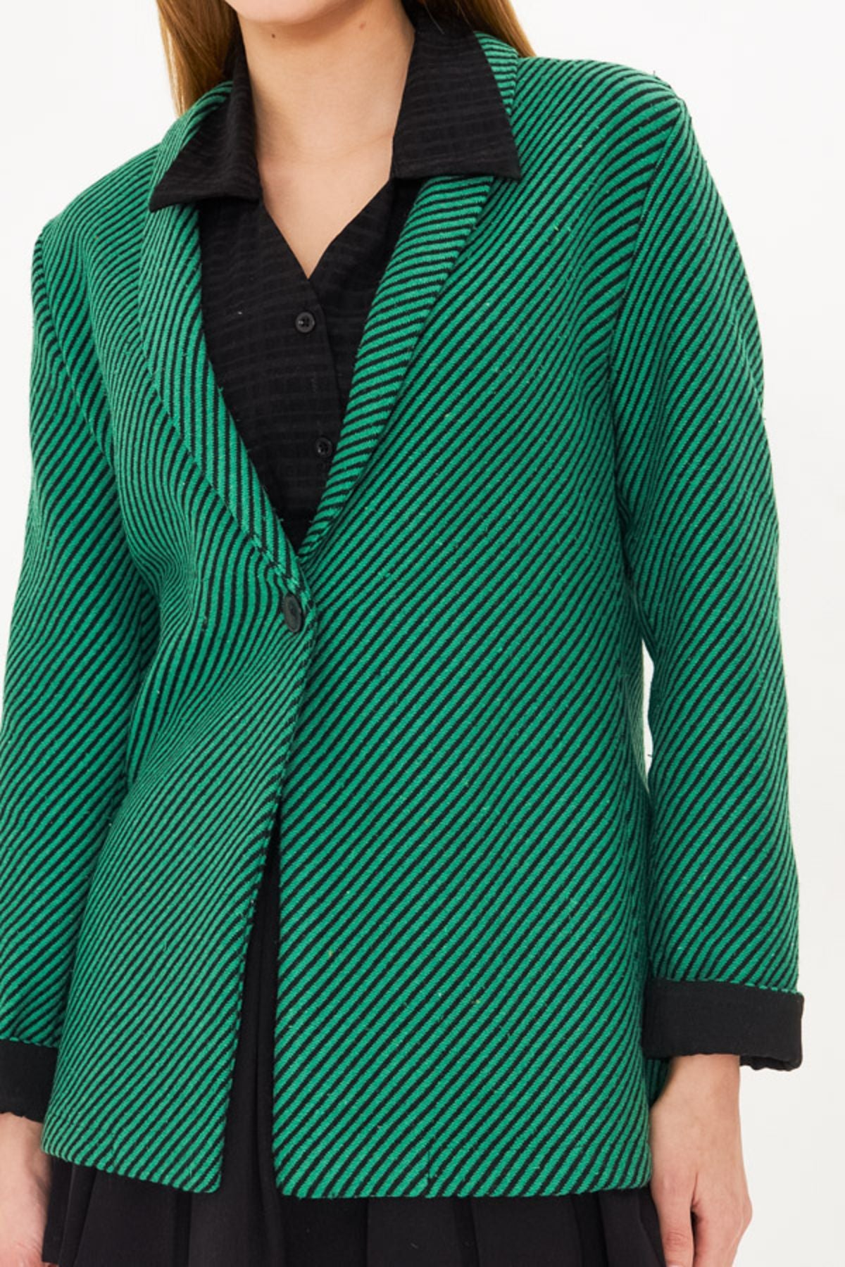 Folding Green Green Striped Lend Folding Single button Stamp Jacket ARM-25K001106