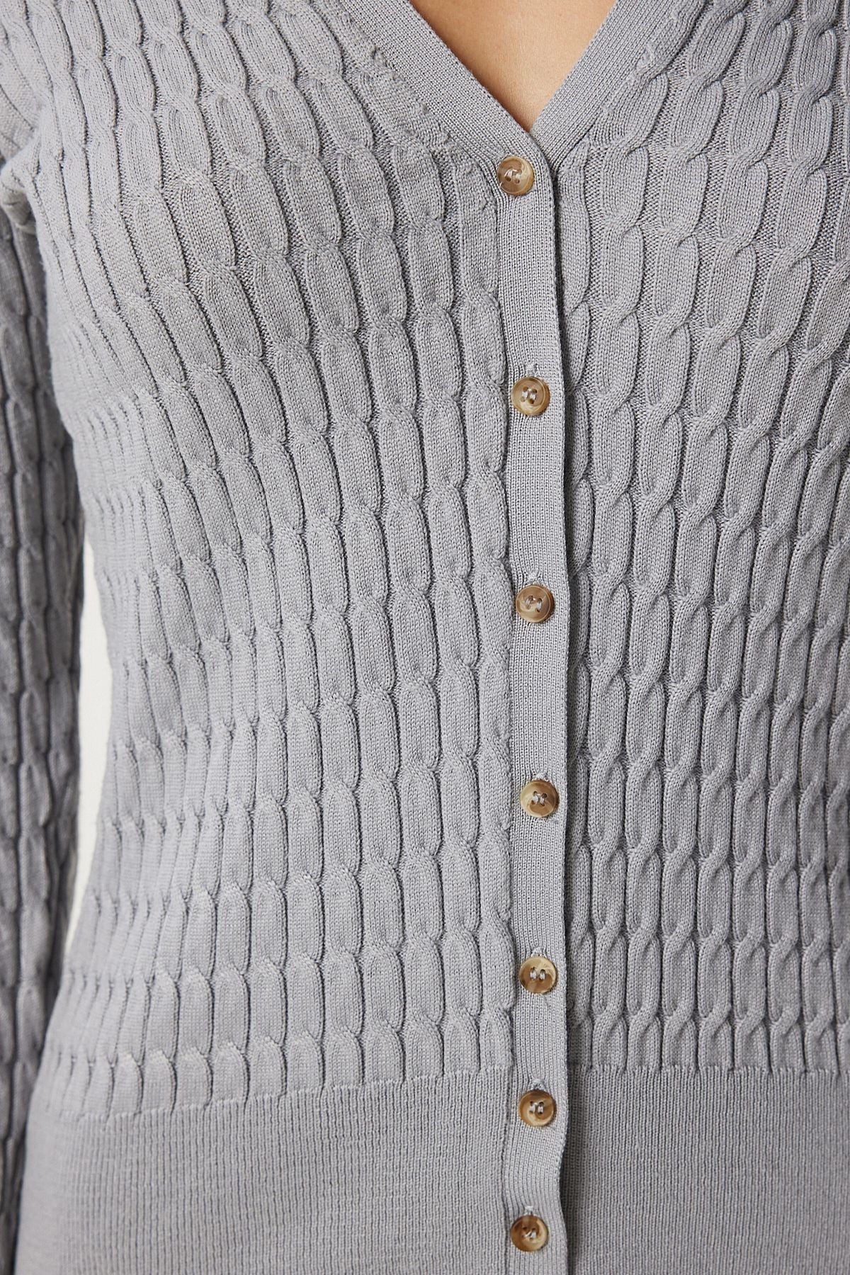Women's Gray Thessaloniki Knitting Detailed Triko Cardigan FN03399
