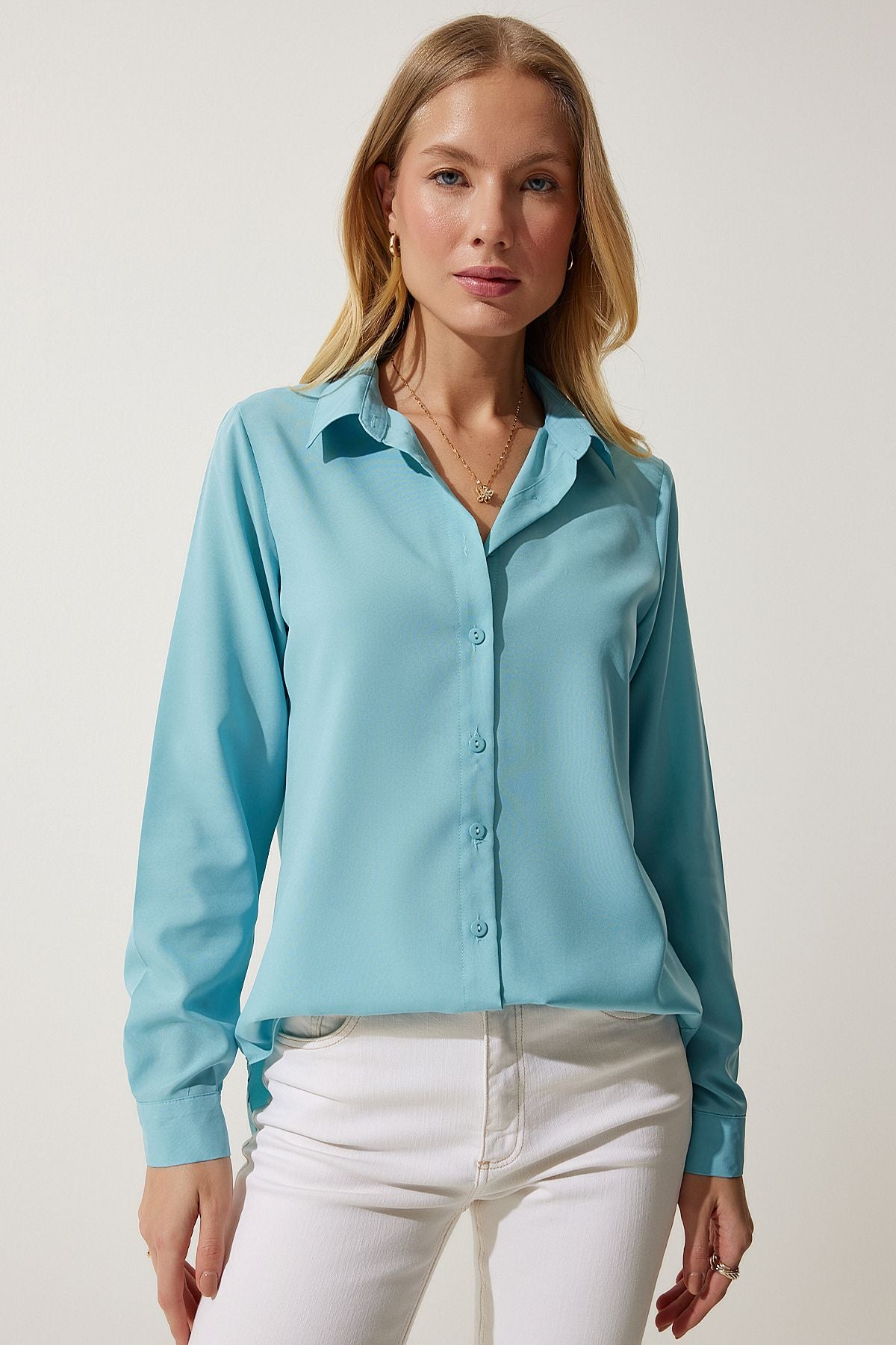 Female turquoise soft textured basic shirt DD01297
