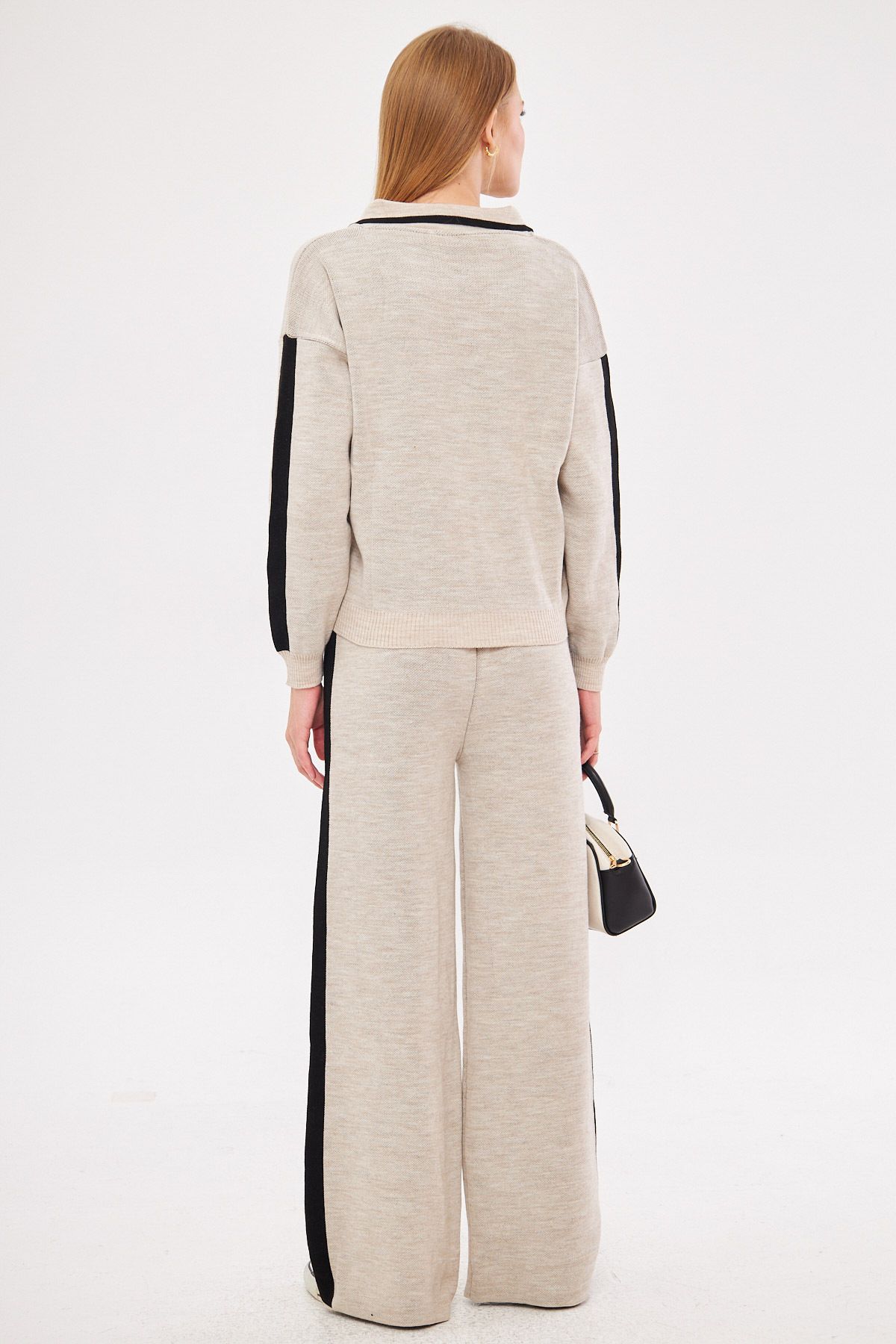 Female Beige Polo Yaka striped knitted knitted dual team ARM-25K012001