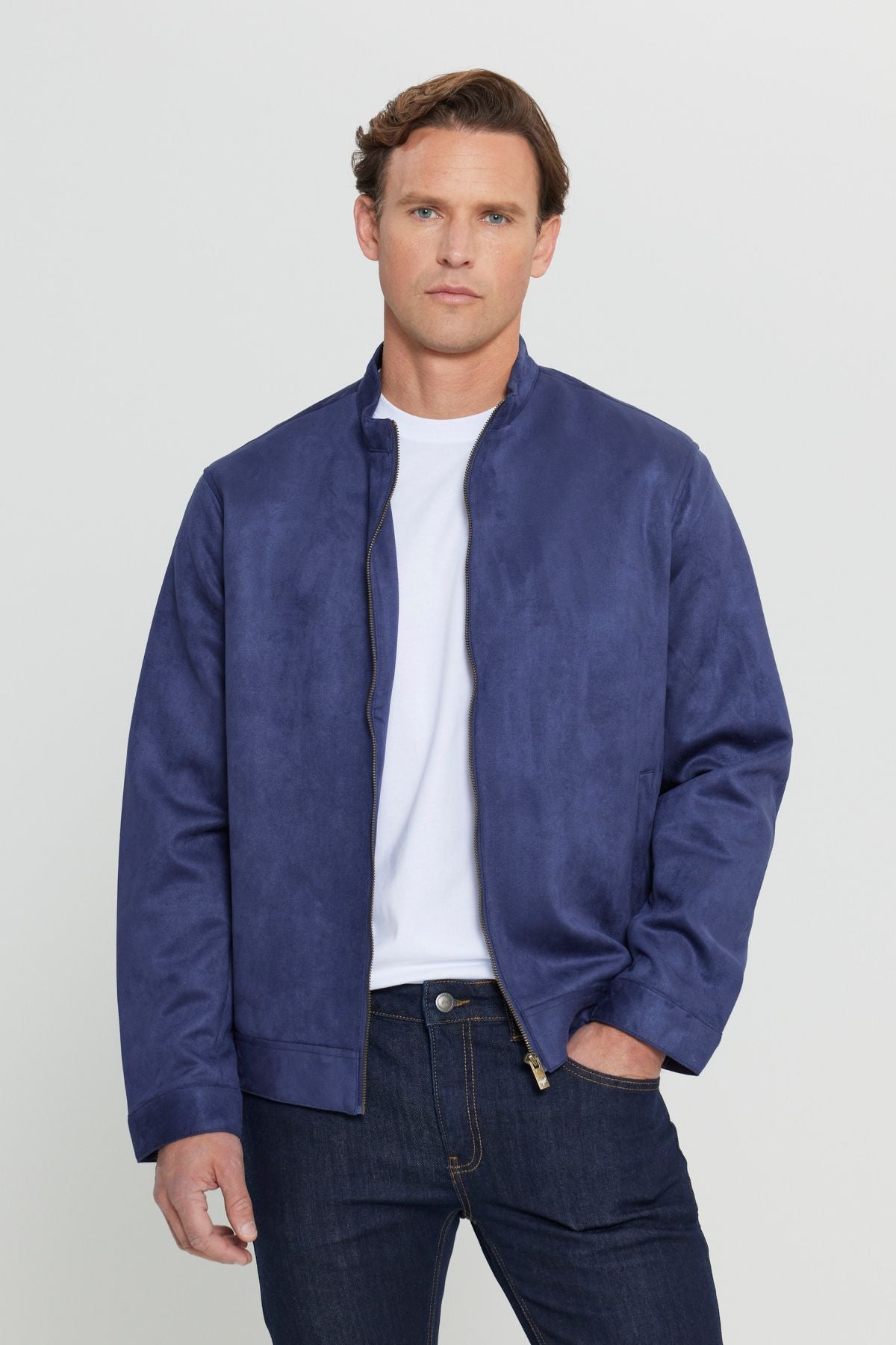 Men's navy blue standard fit normal cut upright collar suede jacket coat