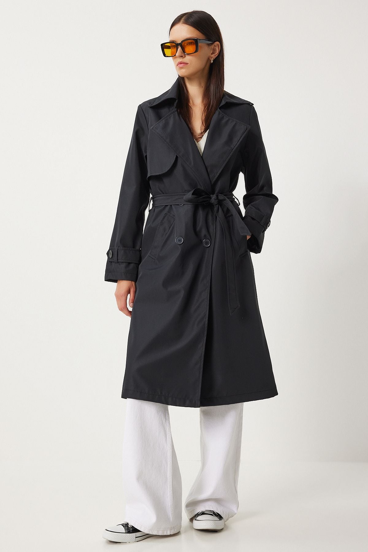 Women's black draped long trench coat DD01334