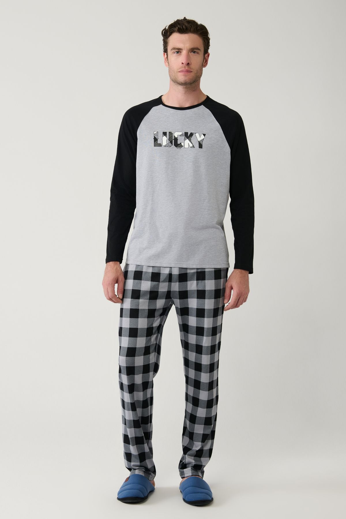 Men's gray bike collar cotton reglan special box pajama set E003305