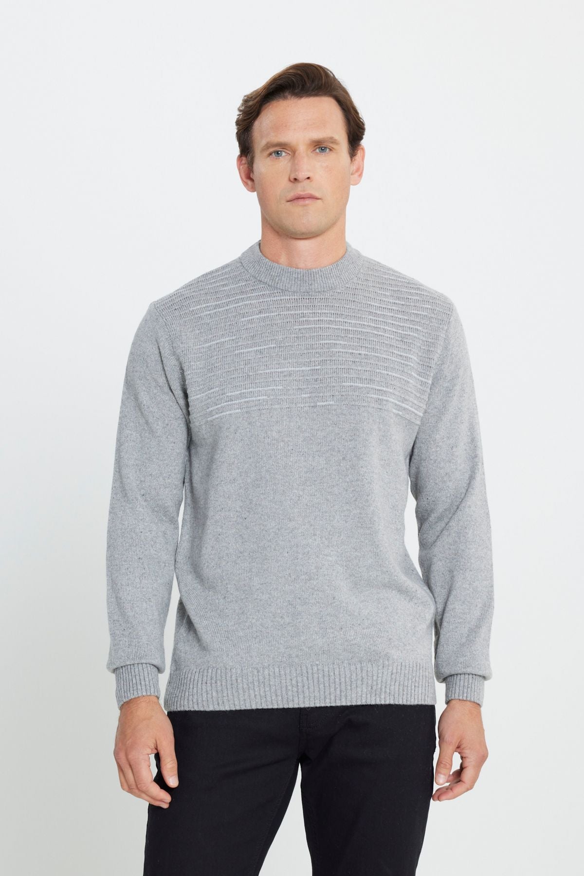 Men's Gray Standard Fit Normal Cut HALF FISHER YAKA KNIT