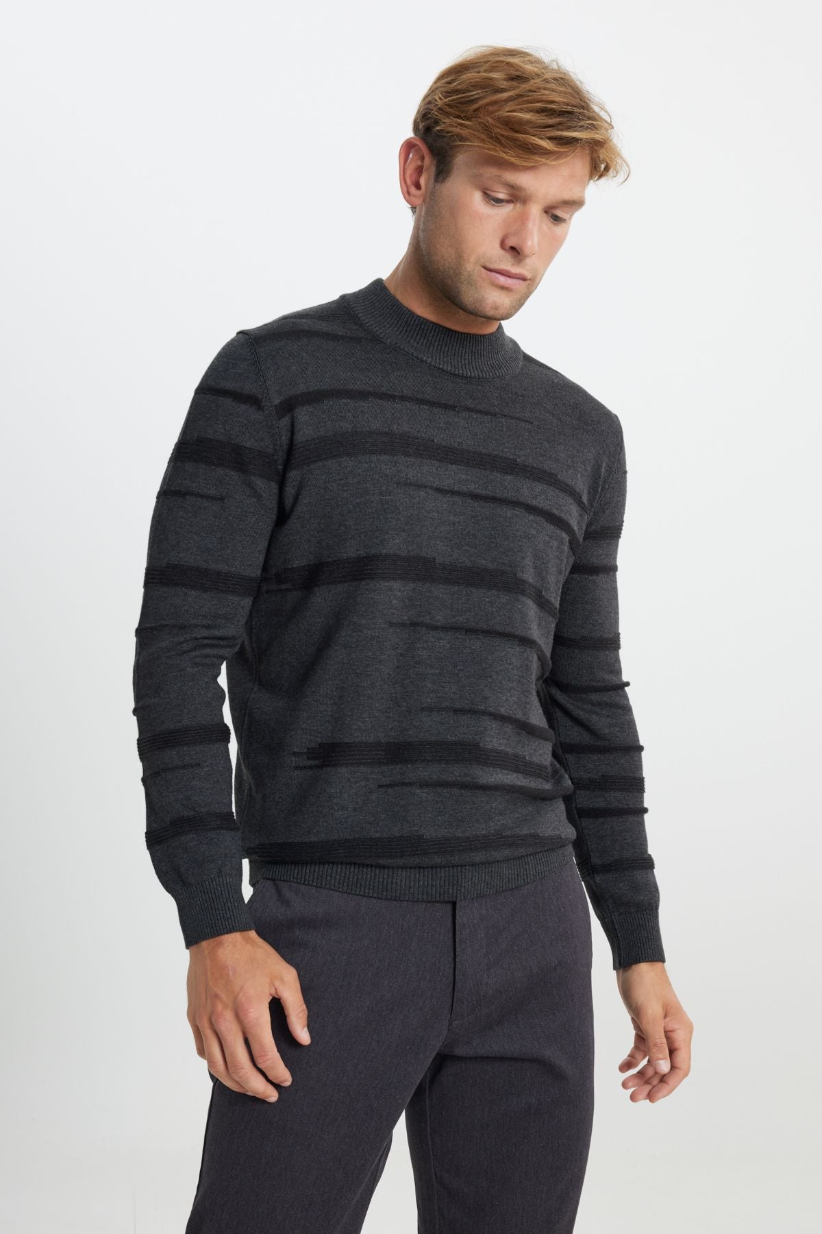 Men's anthracite-melanj 100 %cotton standard fit normal cut half fisherman collar knitwear sweater