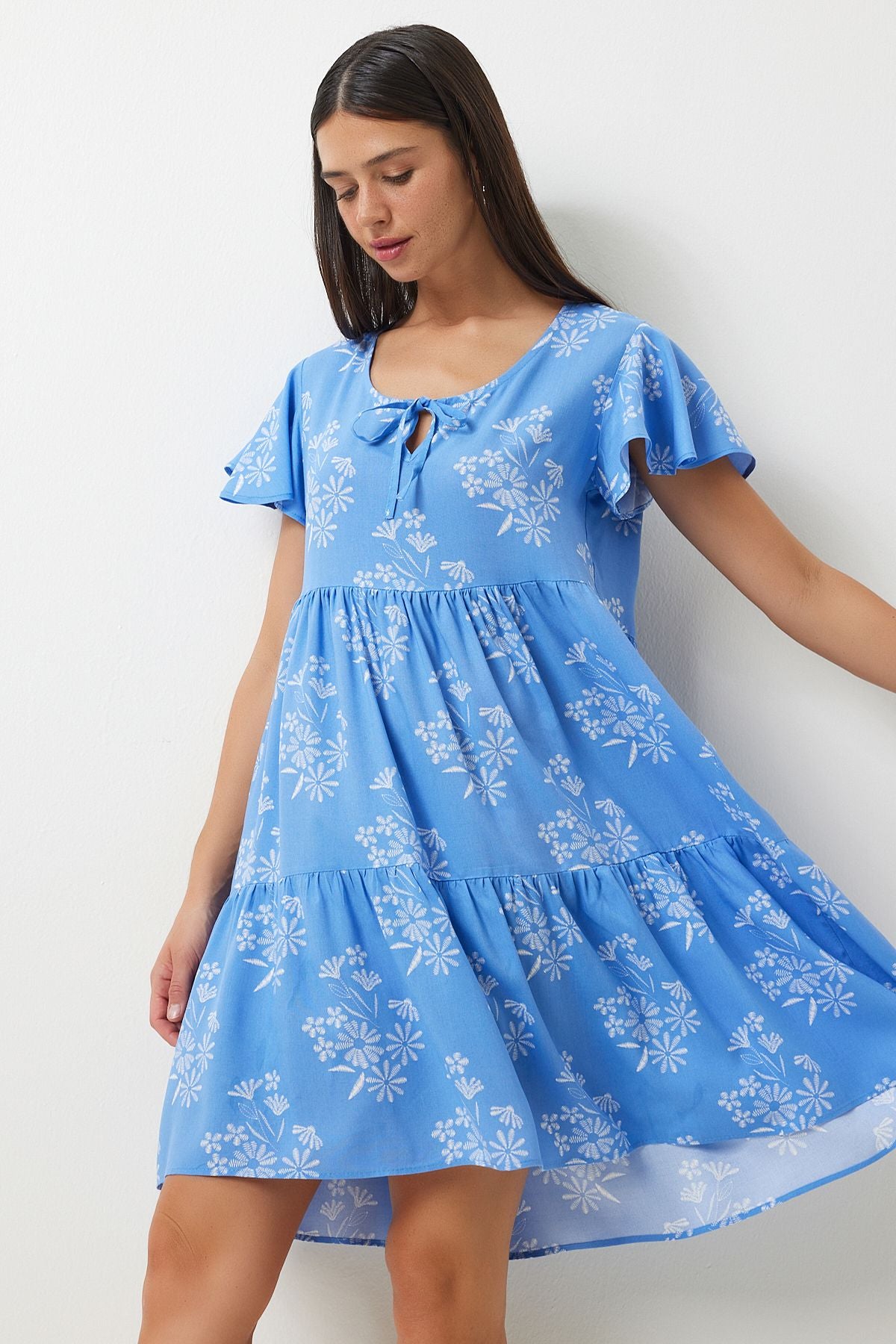 Woman Blue White Flower Summer Viscose Dress DD01330