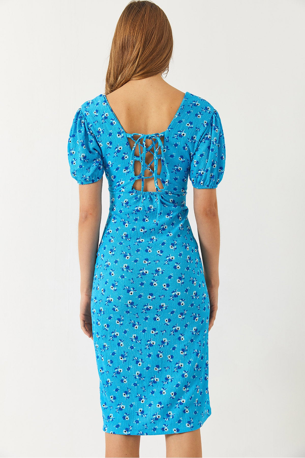 Women's Back Detailed Slit Square Neck Short Sleeve Floral Patterned Dress 60261462