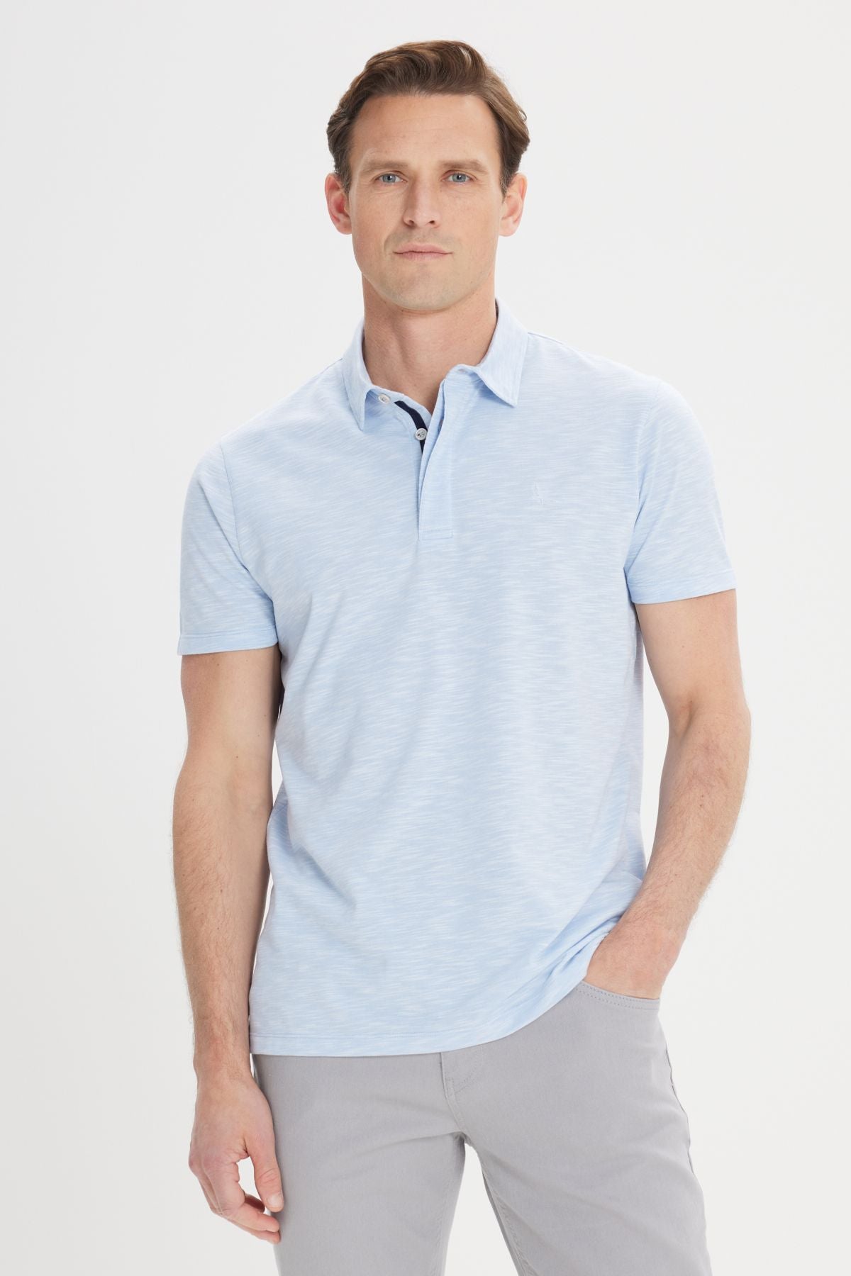 Men's light blue cotton jacquard slim fit narrow cut polo collar t -shirt
